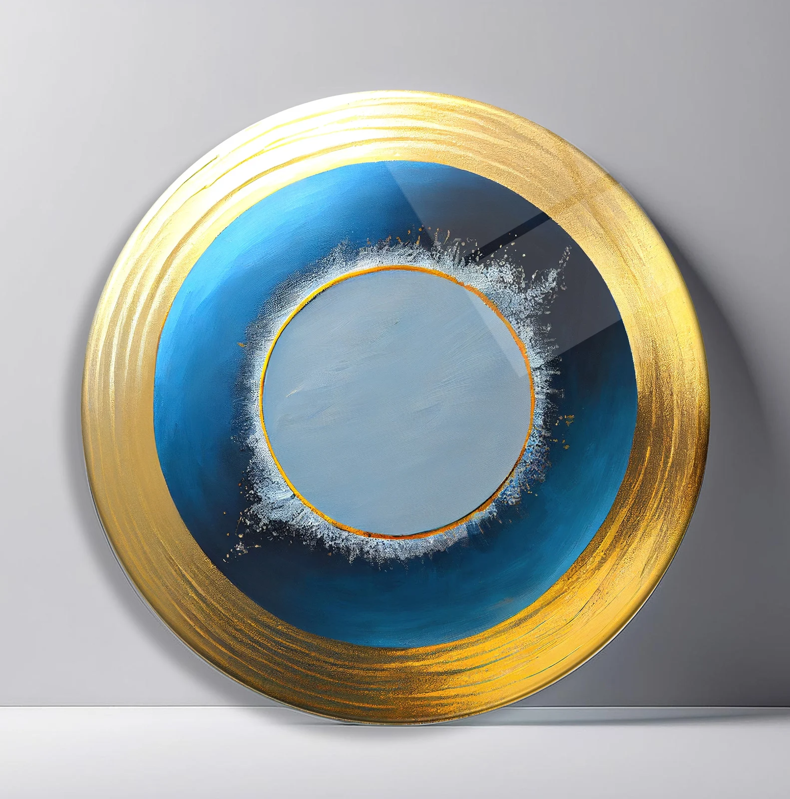 Golden Blue Eclipse Round Glass Wall Art featuring broad gold ring framing layered blue and silver circular fields