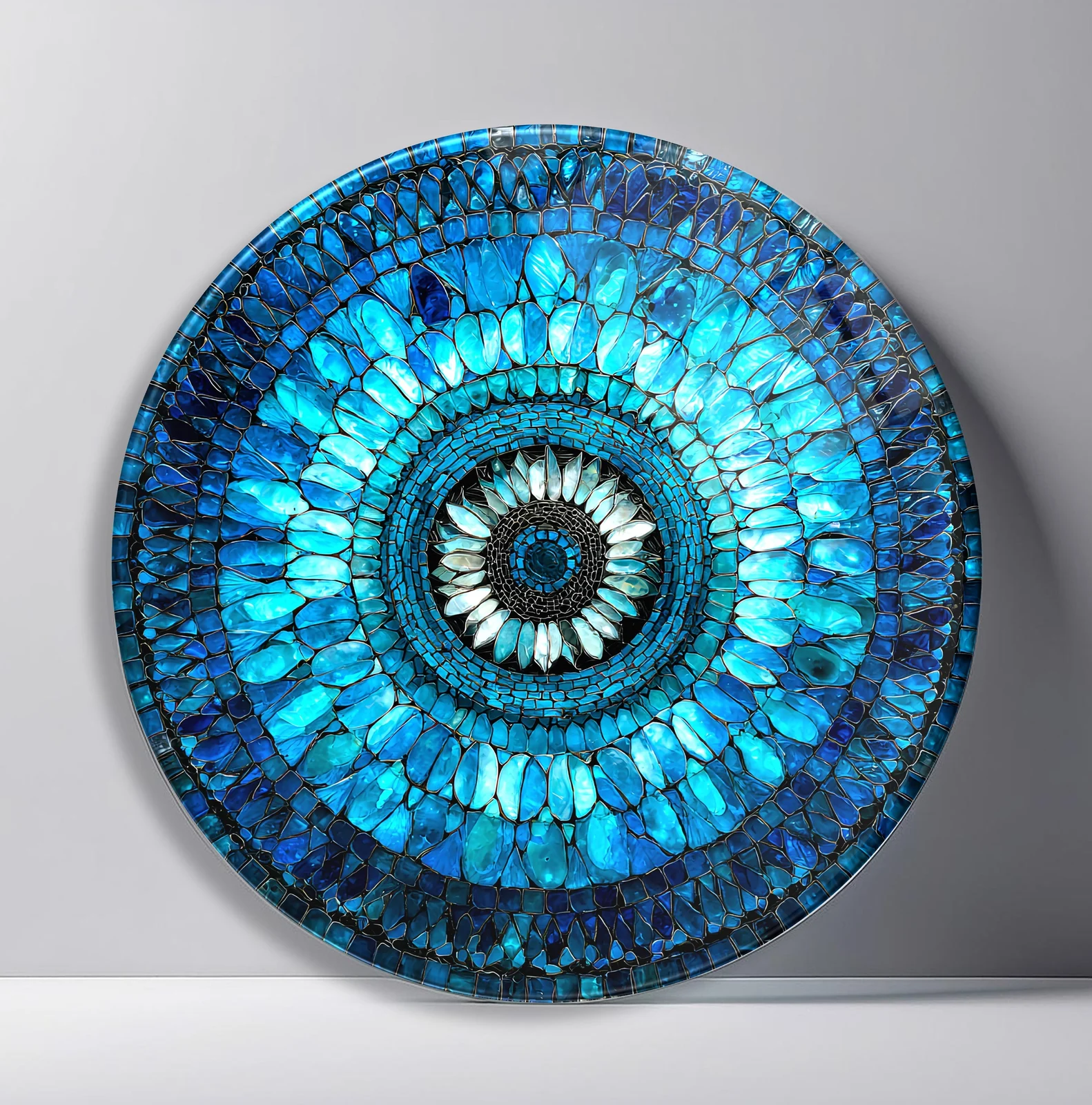 Sapphire Petal Mandala Round Glass Wall Art featuring layered blue glass petals forming a finely detailed mandala