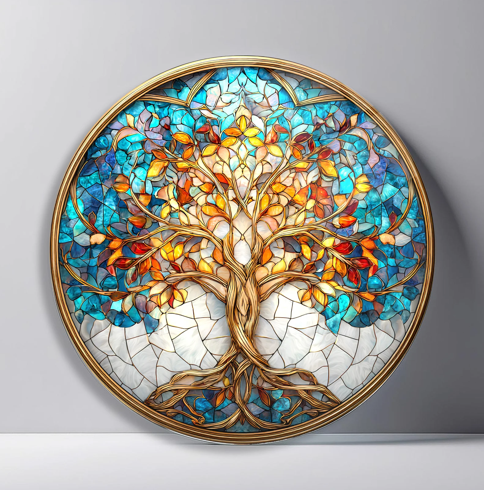 Blue Amber Tree of Life Round Glass Wall Art featuring branching tree filled with blue and amber leaves over visible roots