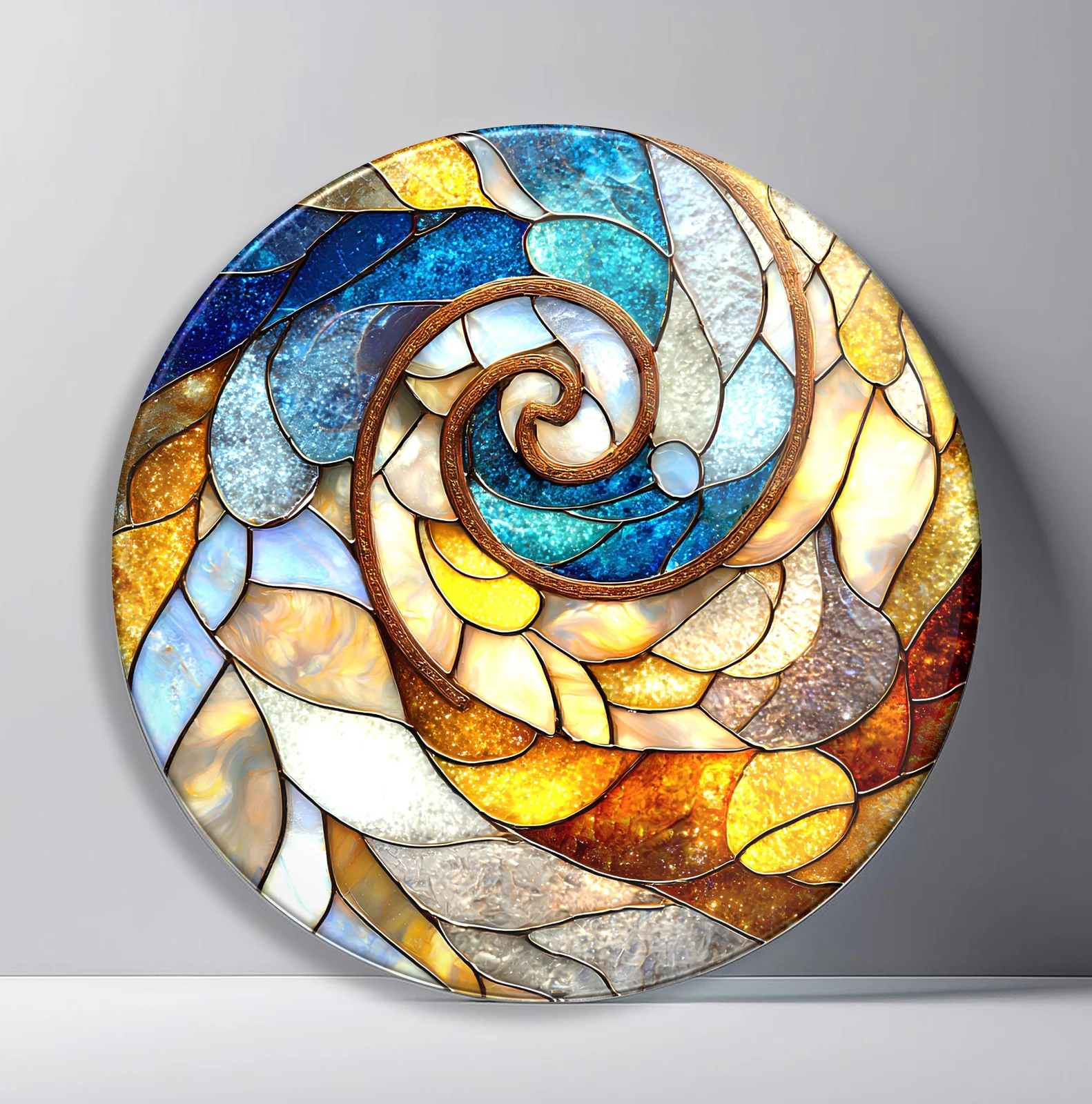 Coastal Spiral Stained Glass Round Wall Art featuring curved shell-like panels flowing inward in sea and sand tones