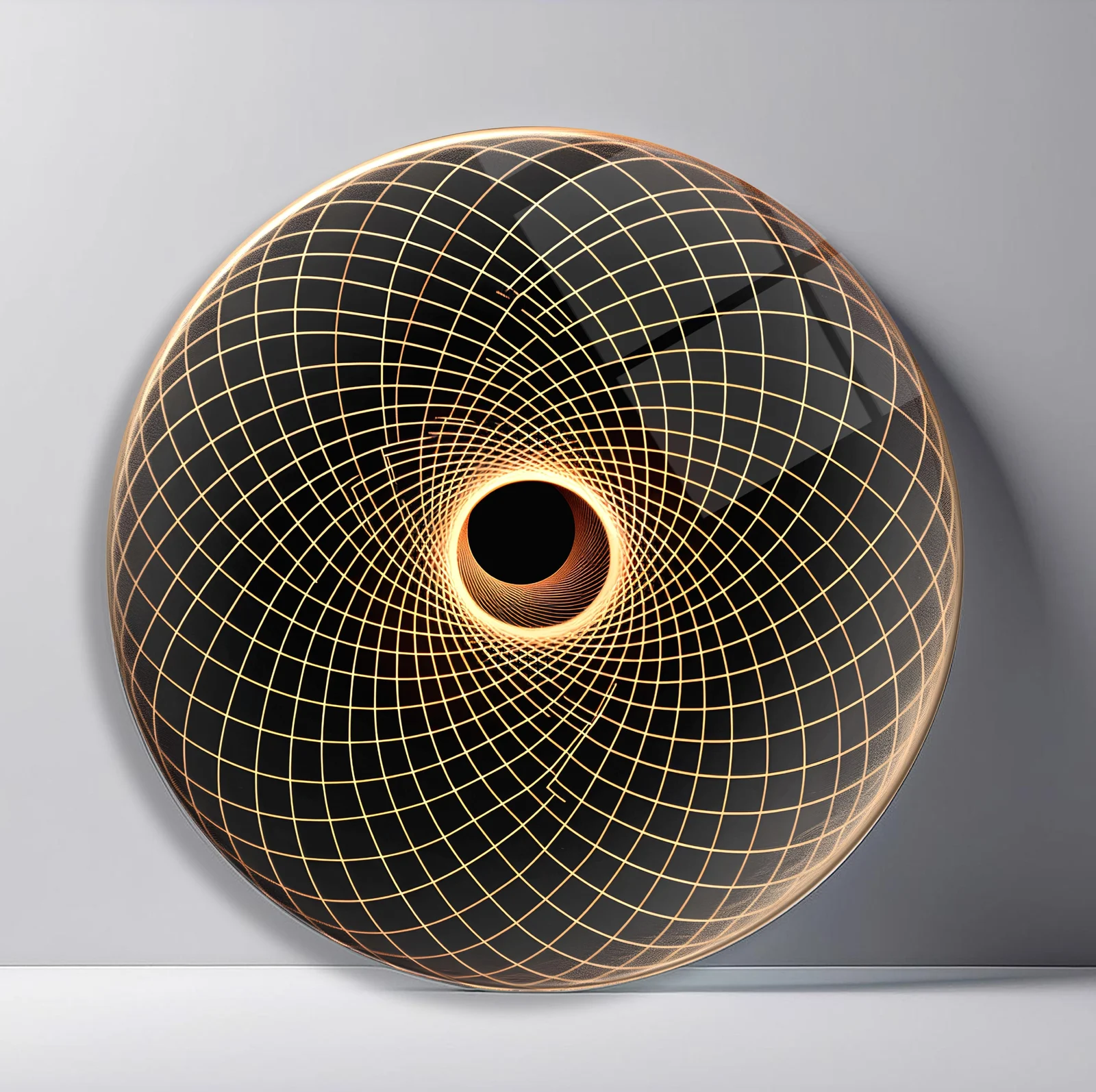 Golden Gravity Grid Round Glass Wall Art featuring fine gold curved grid bending around a dark central portal