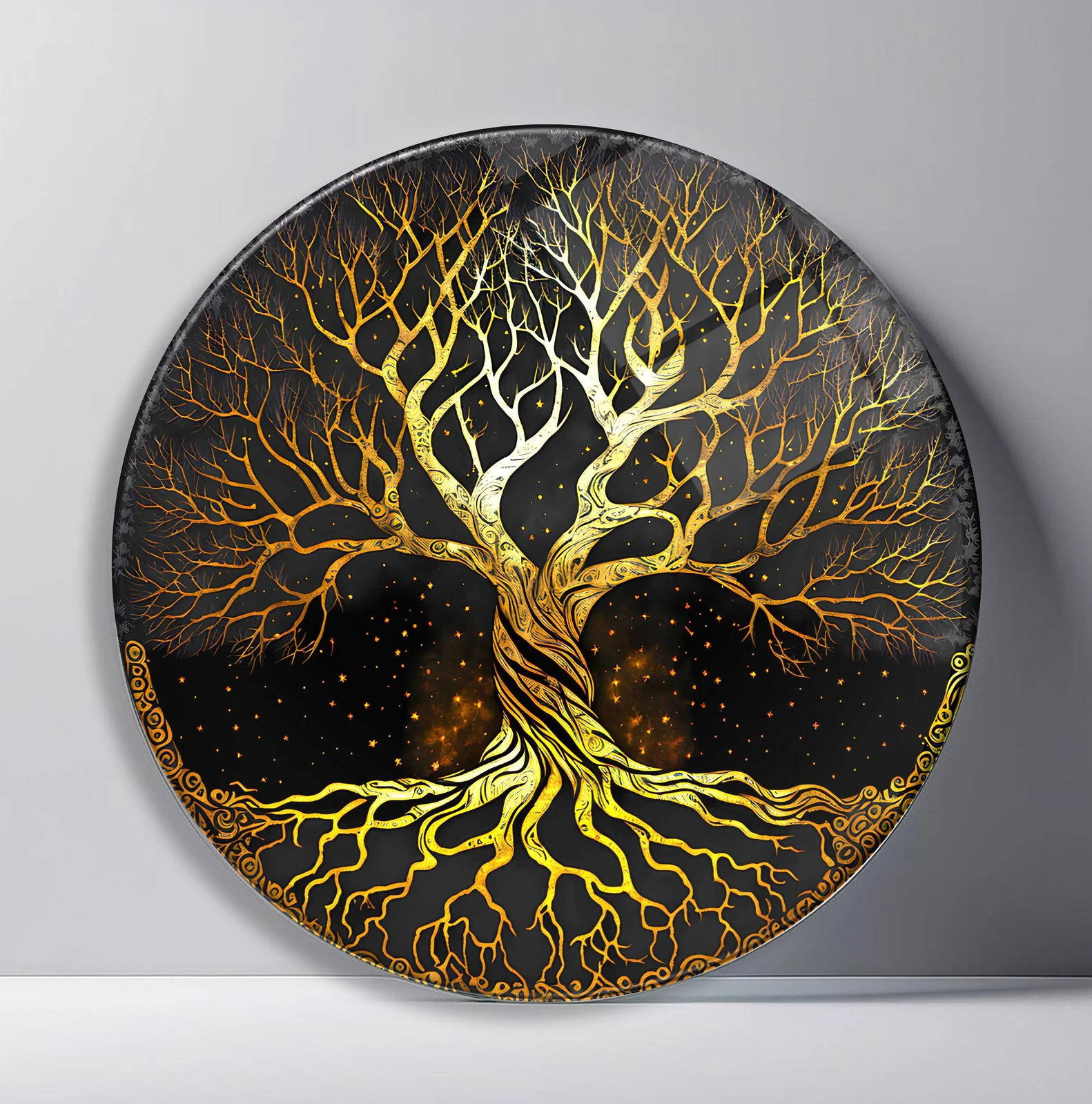 Golden Tree of Light on Black Round Glass Wall Art featuring luminous branching tree and exposed roots sparkling against black