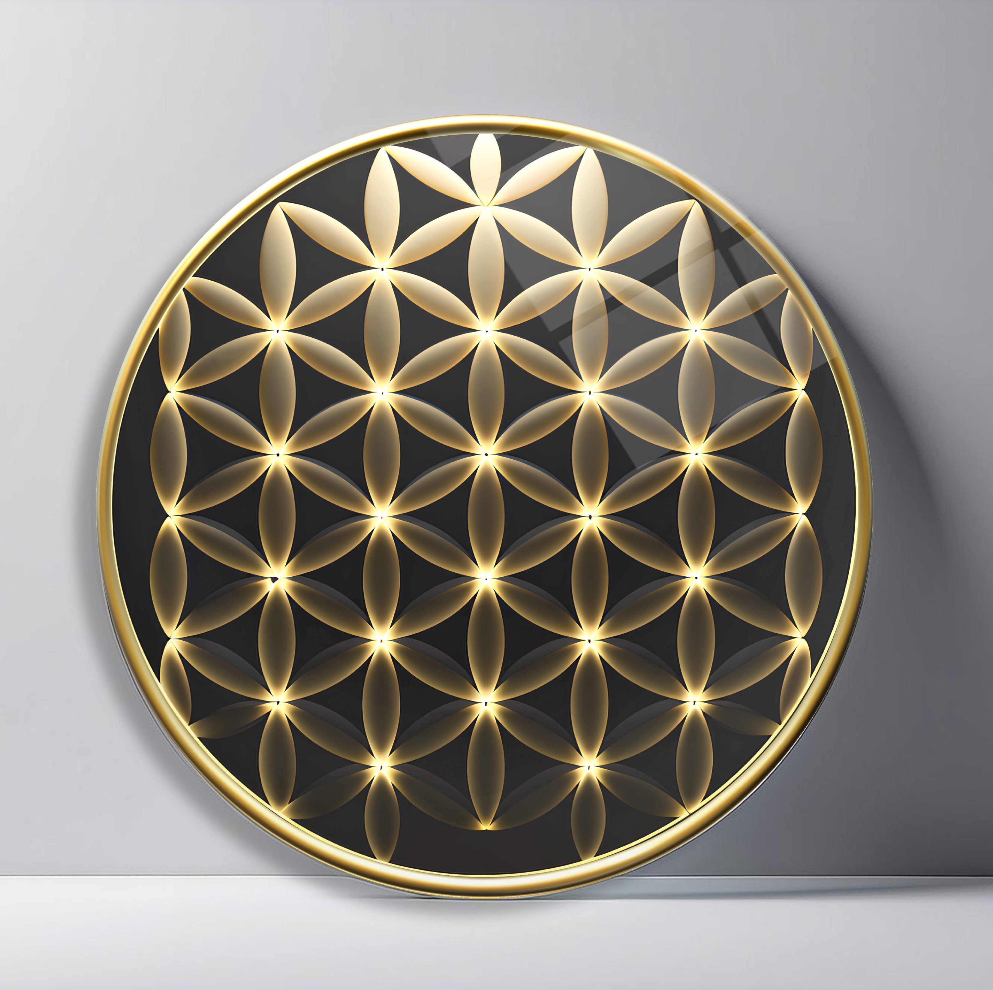Golden Flower of Life Glow Round Glass Wall Art featuring interlocking gold petals illuminated at every geometric intersection