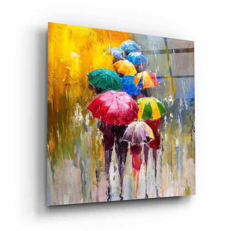 Colorful Umbrellas in the Rain Square Glass Wall Art, front angled view