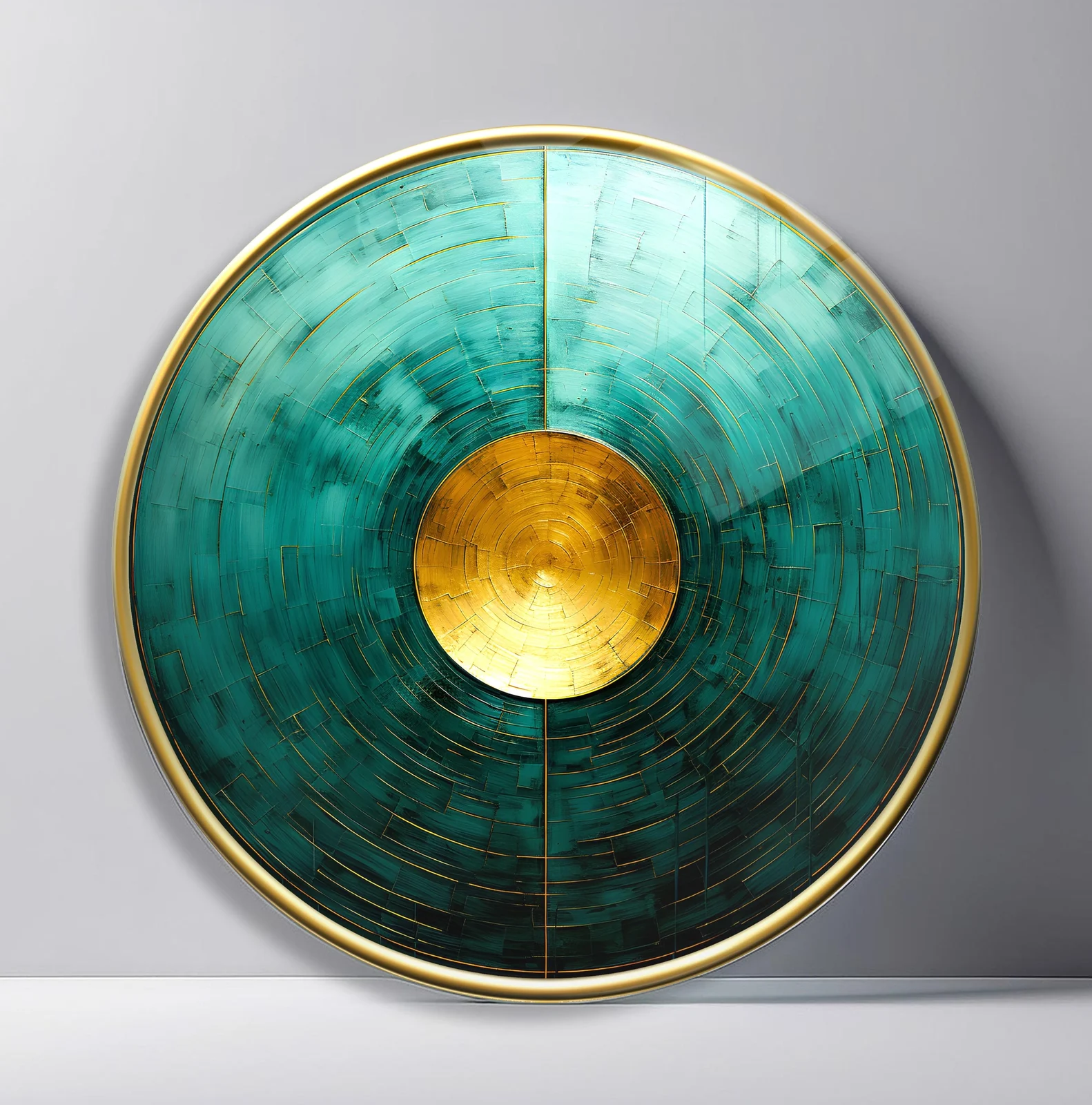 Turquoise Gold Disc Round Glass Wall Art featuring brushed turquoise circular field centered by a metallic gold disc