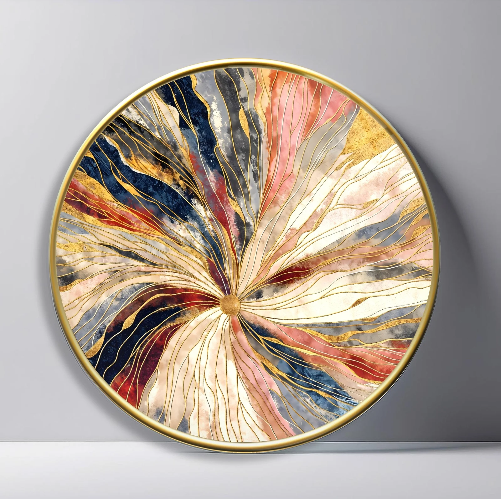 Blush Navy Floral Explosion Round Glass Wall Art featuring flowing botanical lines bursting outward in blush, cream, navy, and gold