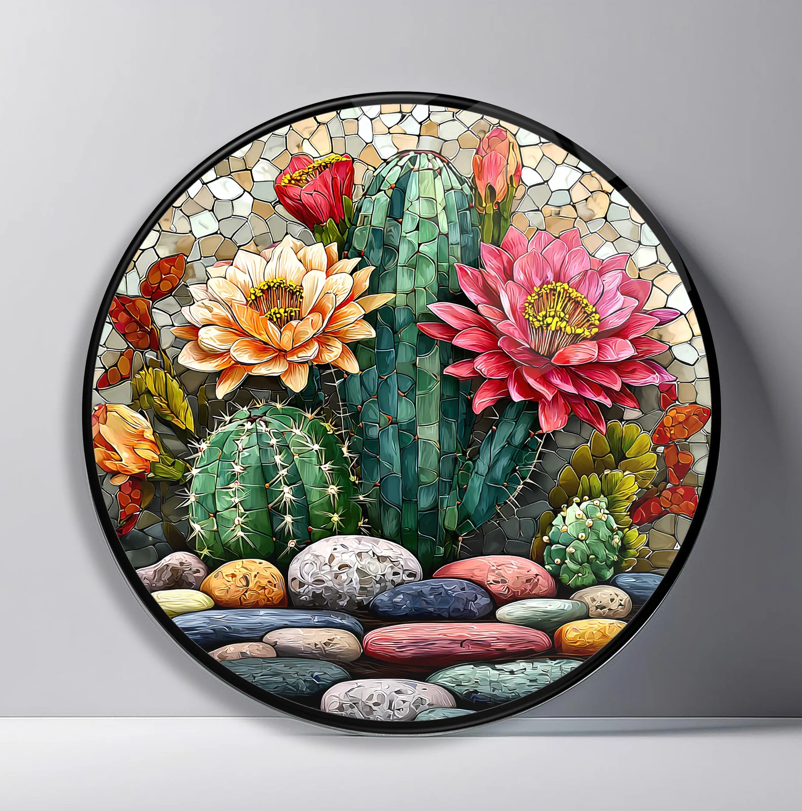 Blooming Cactus Garden Round Glass Wall Art featuring flowering cacti arranged among smooth desert stones