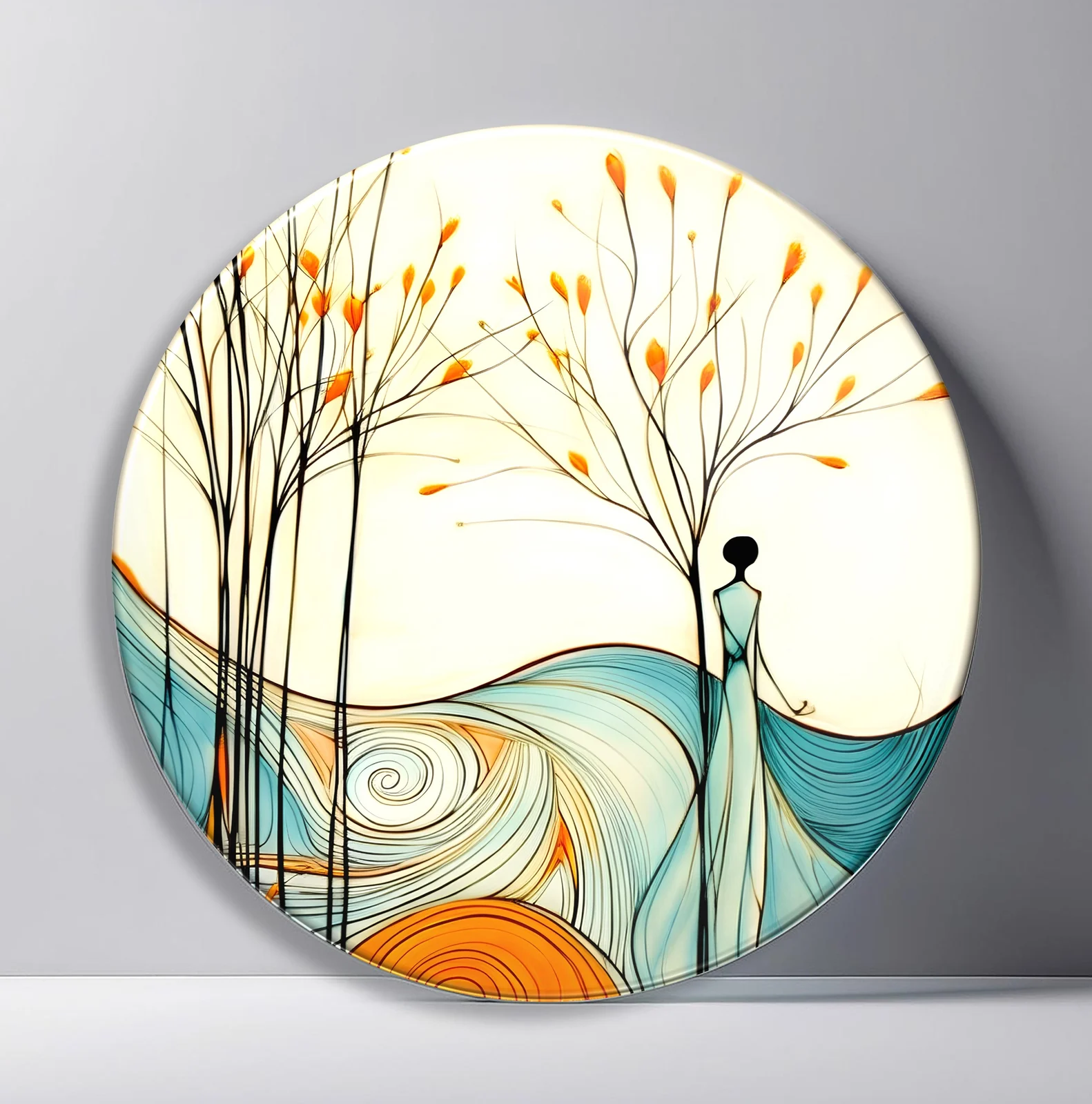Solitary Figure by the Whispering Trees Round Glass Wall Art featuring lone figure beside slender trees and flowing dreamlike hills