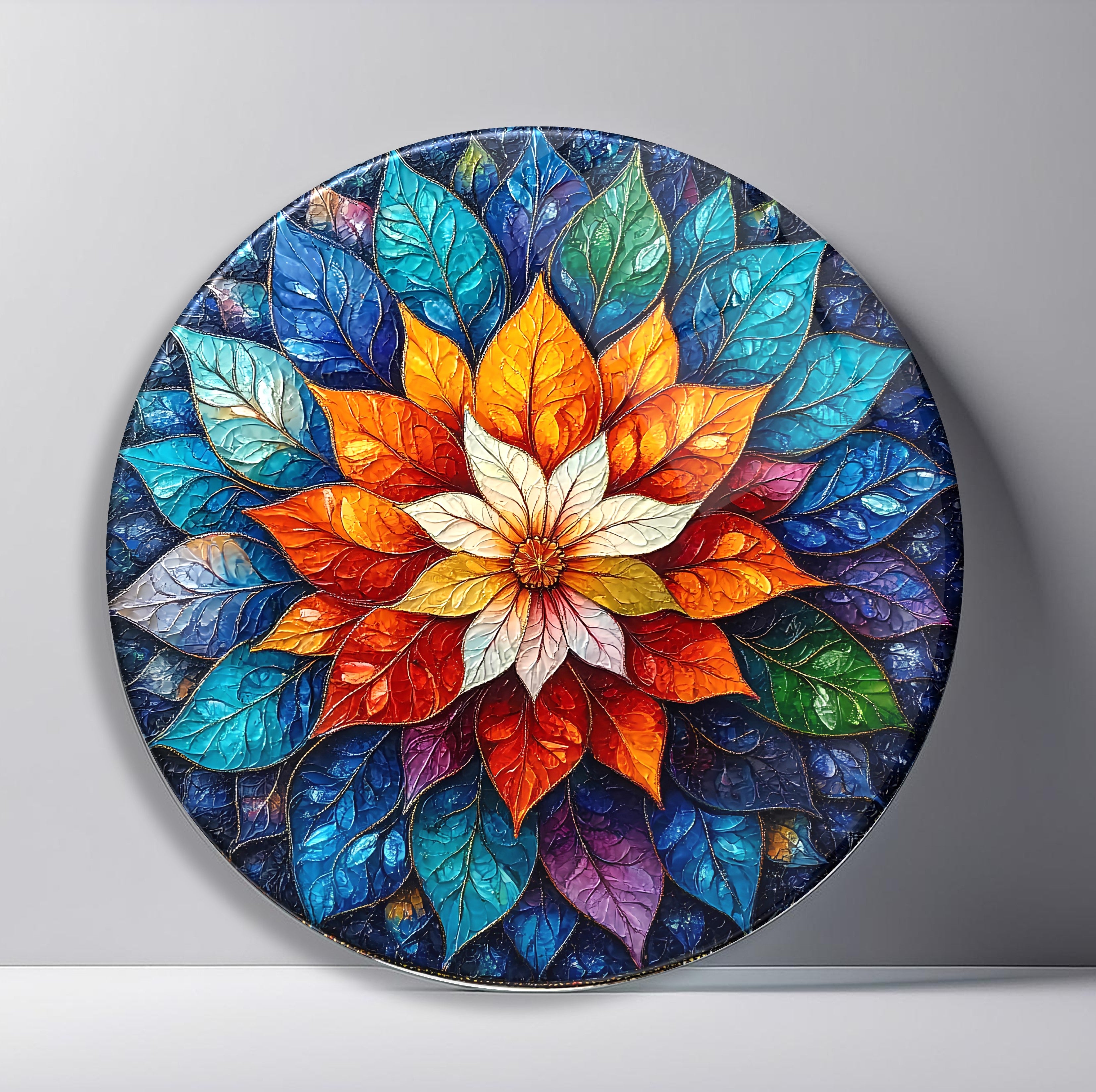 Rainbow Poinsettia Mandala Round Glass Wall Art front view, leaning against a neutral wall