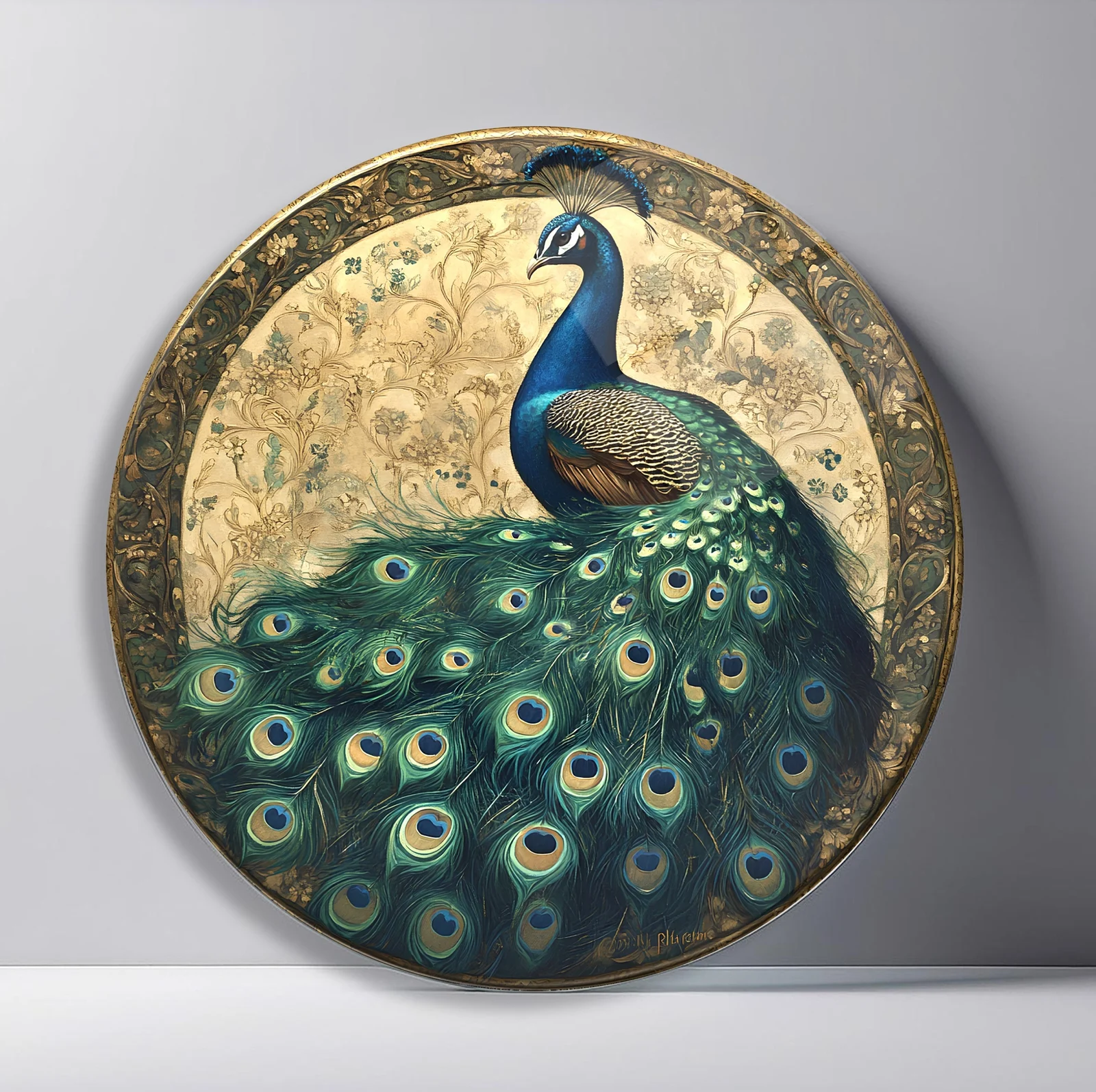 Vintage Peacock Tapestry Round Glass Wall Art featuring blue green peacock displayed over an aged gold botanical background