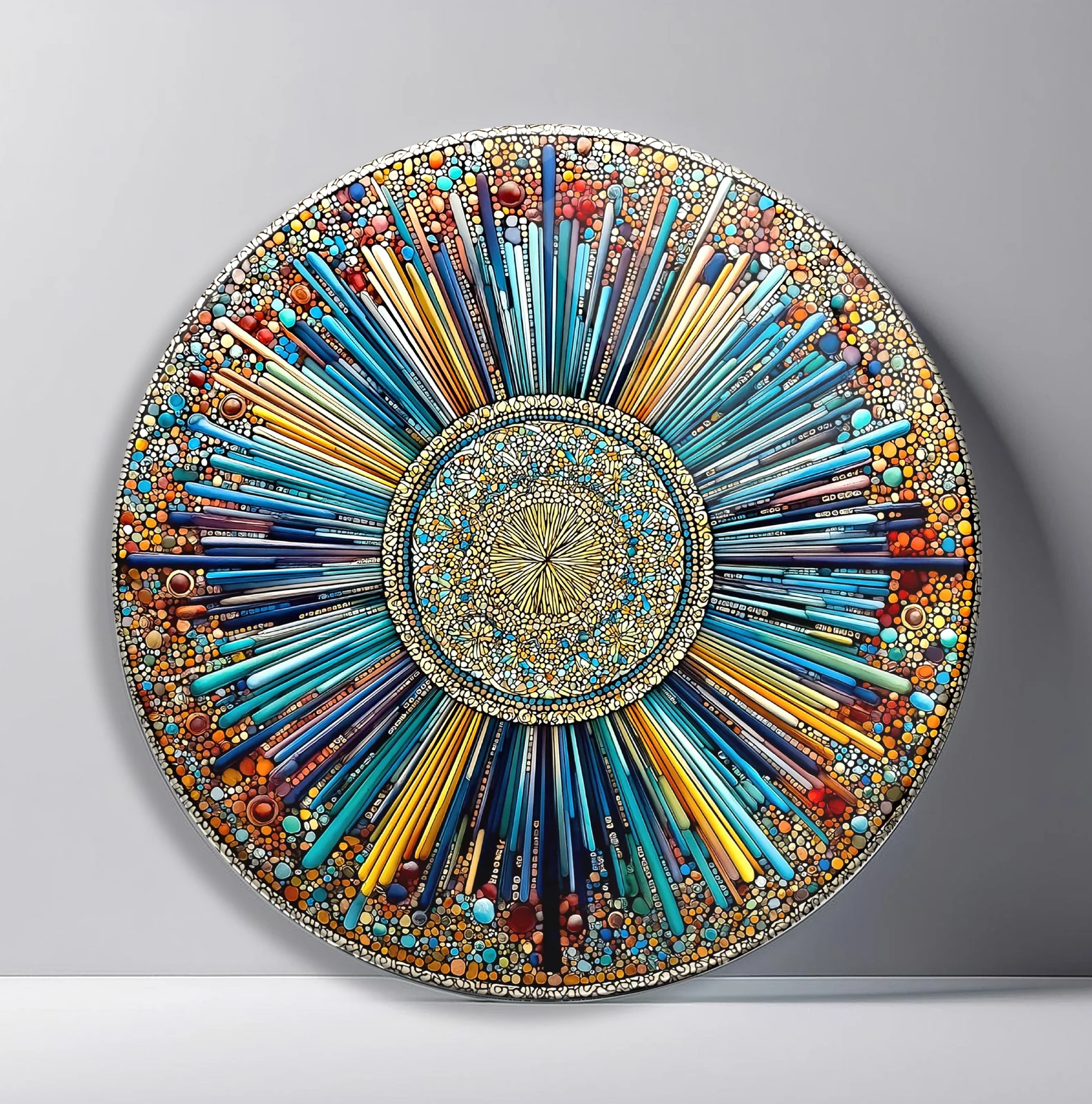 Sapphire Jewel Compass Round Glass Wall Art featuring long turquoise and gold rays surrounding an ornate beaded central medallion