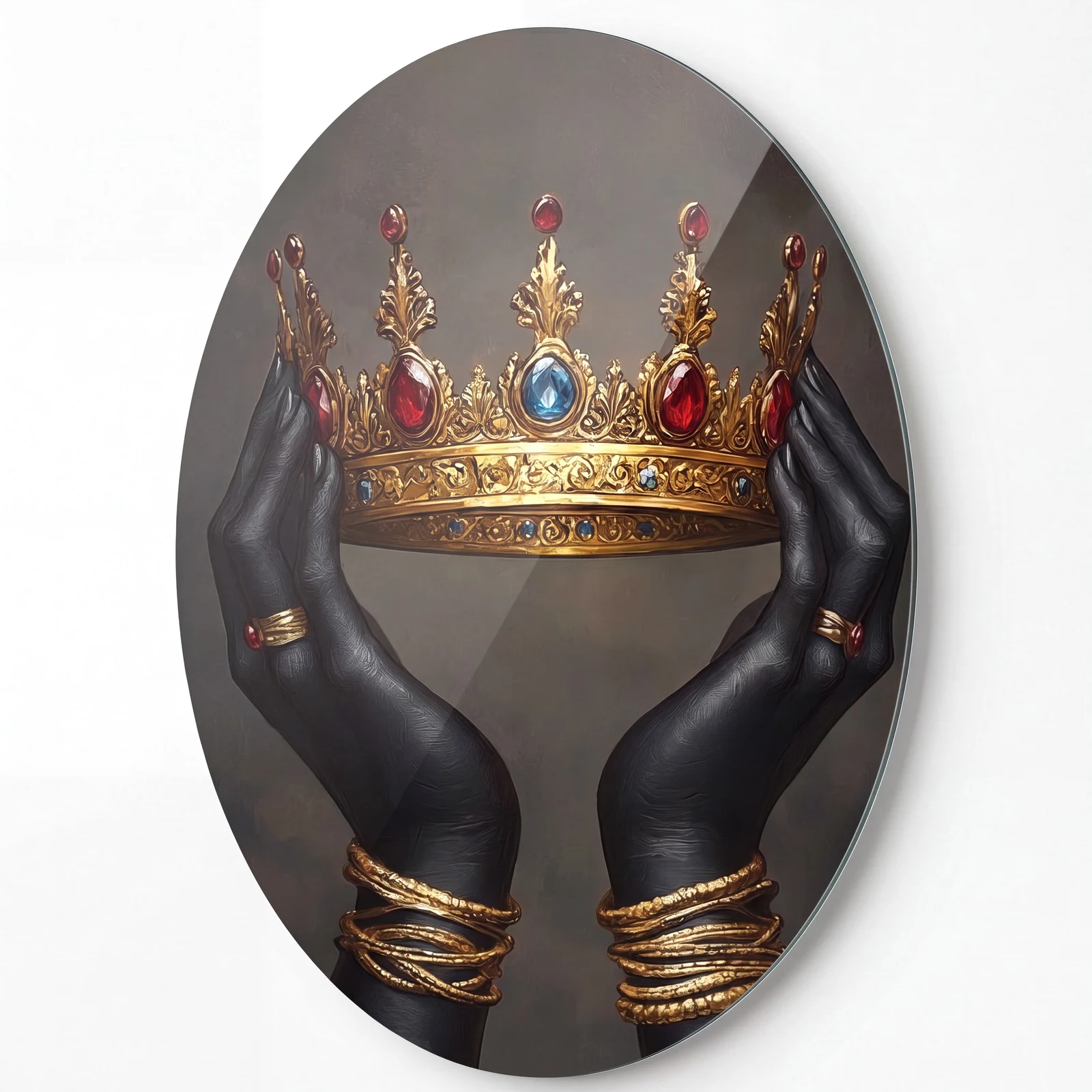 Crown Held by Black Hands Oval Glass Wall Art, front product view on a neutral background