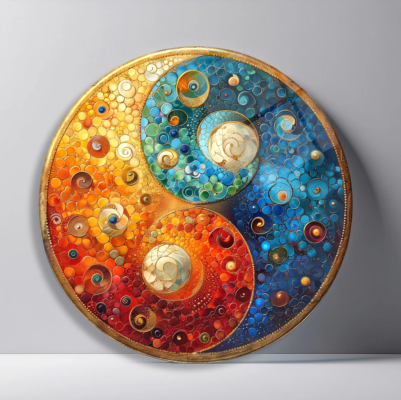 Sun Moon Yin Yang Mosaic Round Glass Wall Art featuring warm sun and cool moon halves filled with bubble-like celestial details