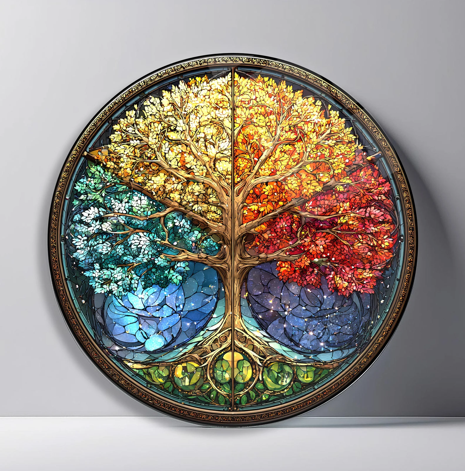 Four Seasons Golden Tree Round Glass Wall Art featuring golden central tree surrounded by four richly colored seasonal scenes