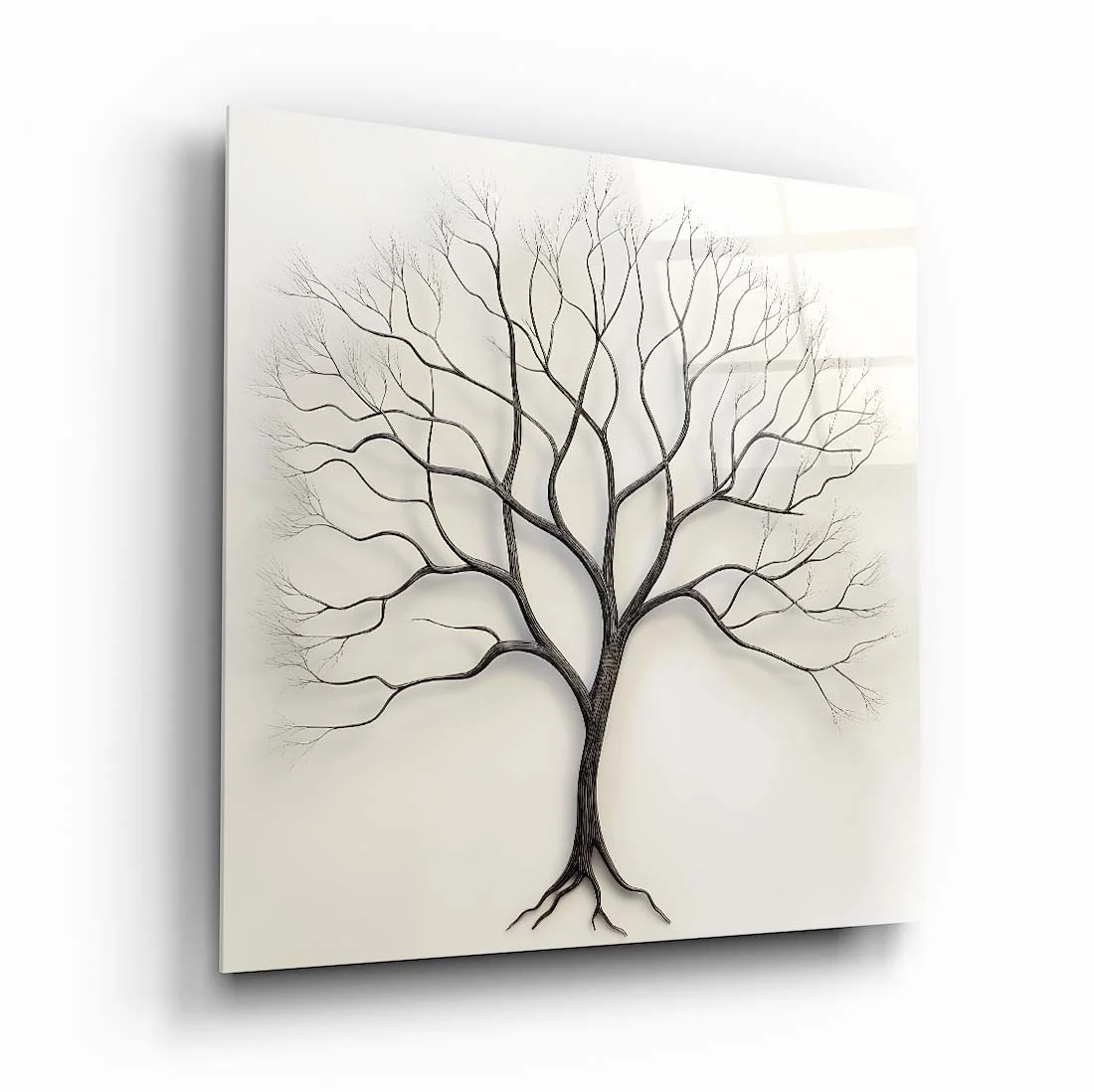 Minimal Bare Tree Square Glass Wall Art, front angled view