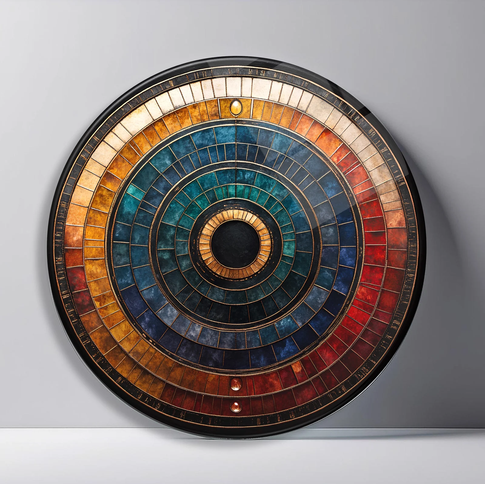 Vintage Jewel Concentric Round Glass Wall Art featuring aged blue, rust, amber, and cream bands arranged in precise rings