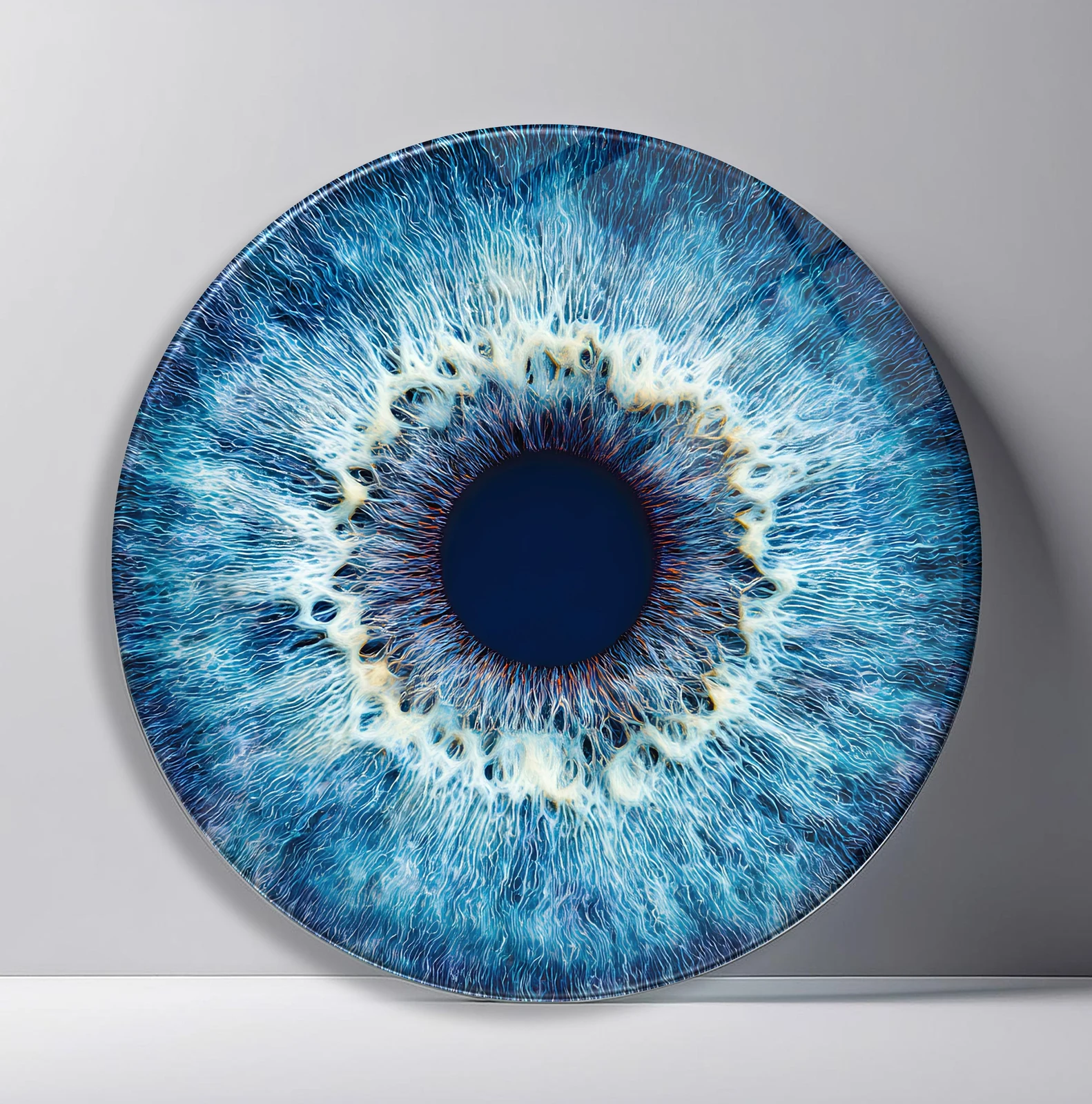 Turquoise Lace Iris Round Glass Wall Art featuring blue green iris edged by a delicate pale lace-like ring
