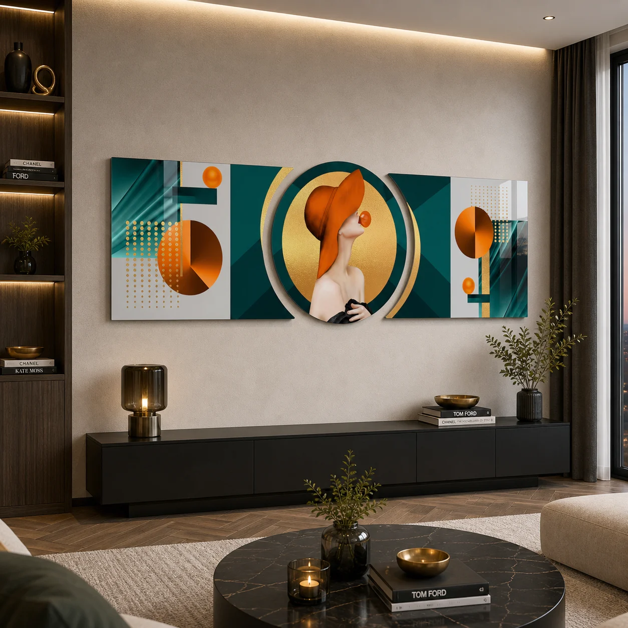 Mid-Century Fashion Muse Custom-Cut Three-Piece Glass Wall Art, displayed above a console in a warm modern living room