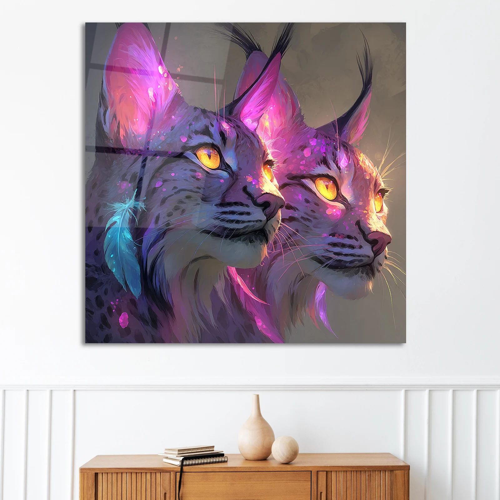 Mystical glowing lynxes glass wall art styled in a contemporary interior