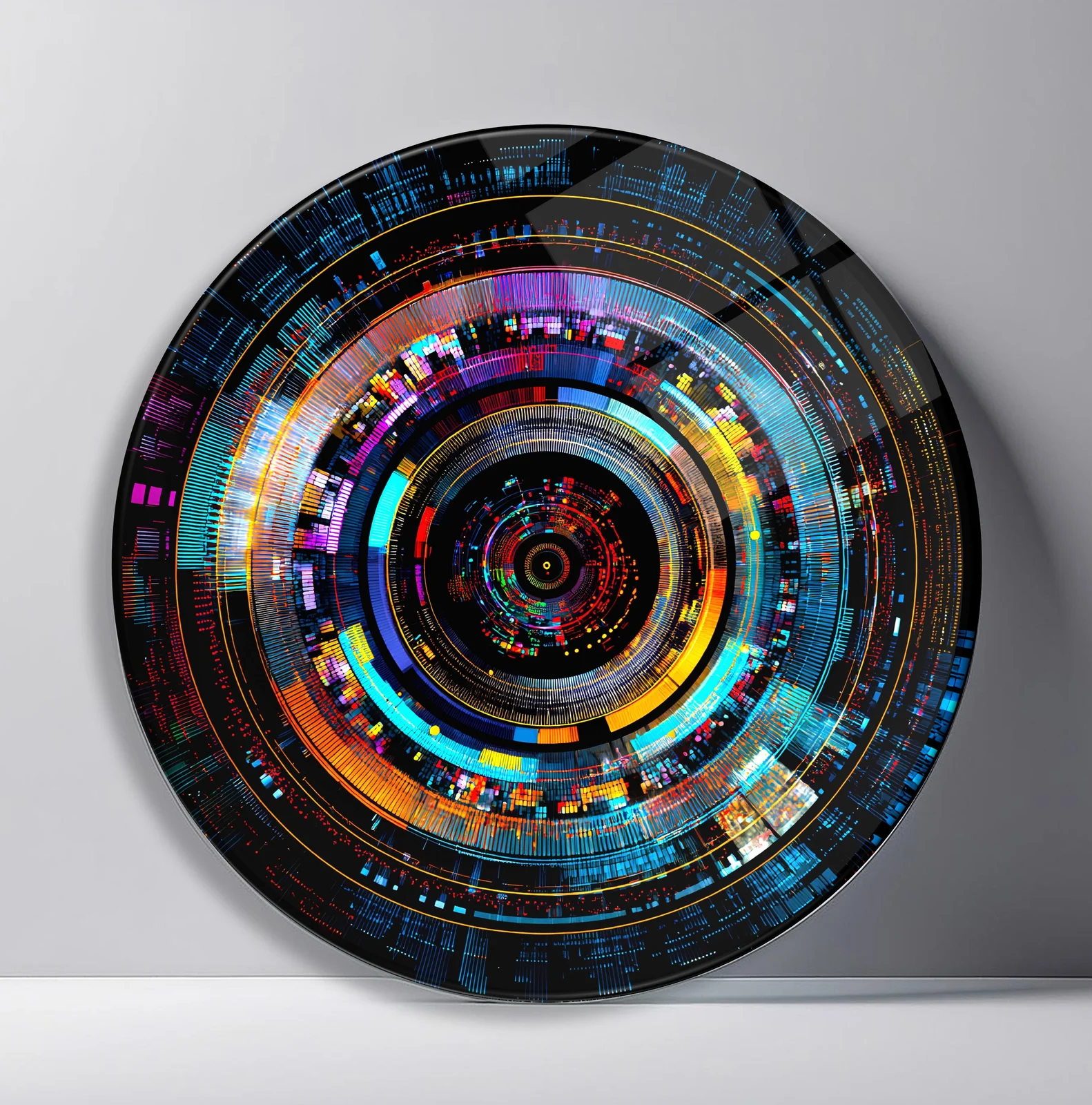 Neon Circuit Portal Round Glass Wall Art featuring concentric rings of colorful digital circuitry on black