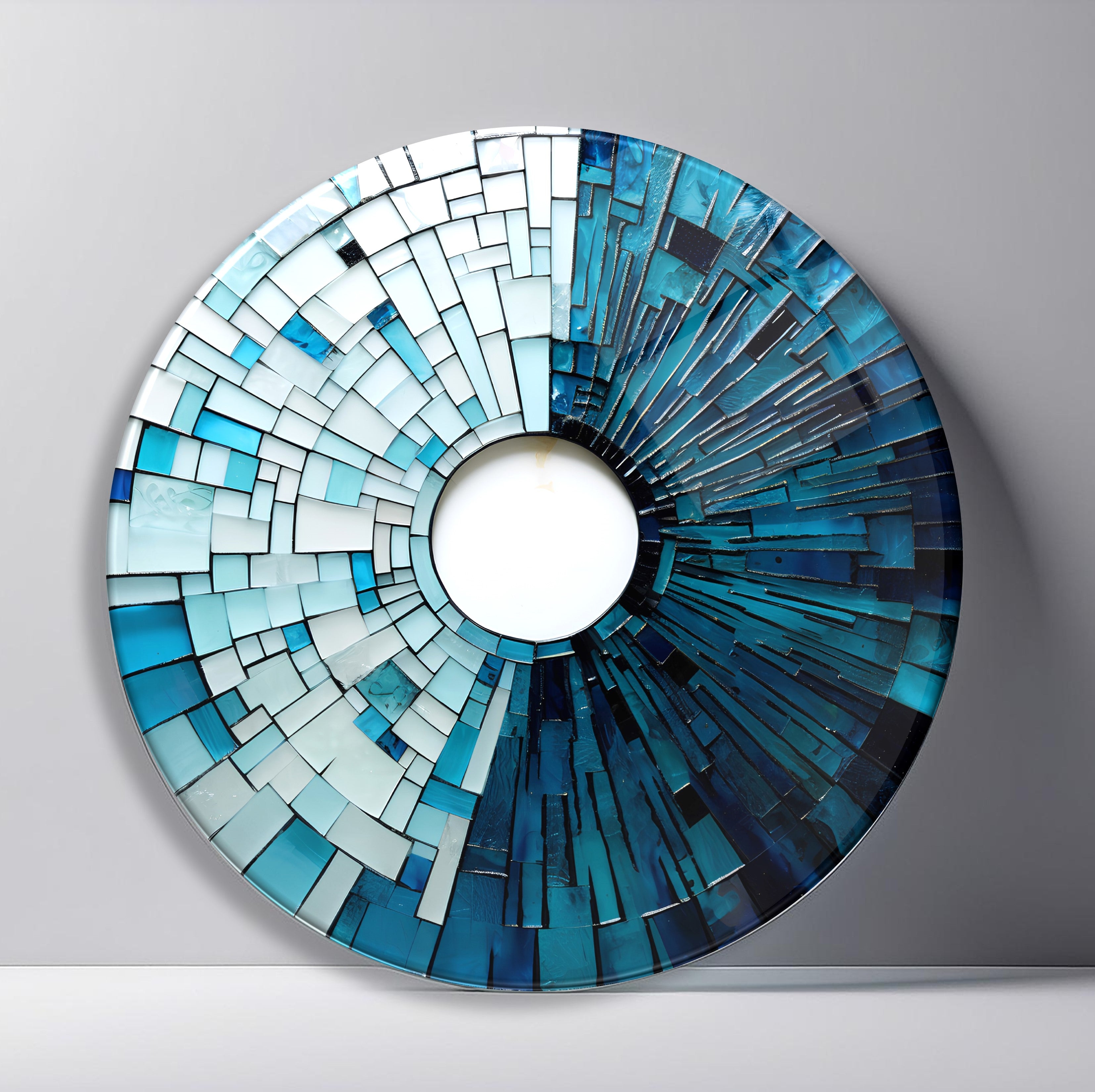 Split Blue Mosaic Halo Round Glass Wall Art featuring white, turquoise, and navy tile rays divided into contrasting halves