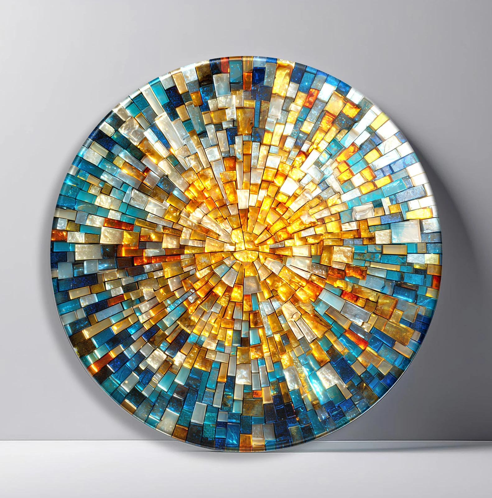 Amber Blue Crystal Sunburst Round Glass Wall Art featuring rectangular glass bars in amber and blue radiating from a golden core