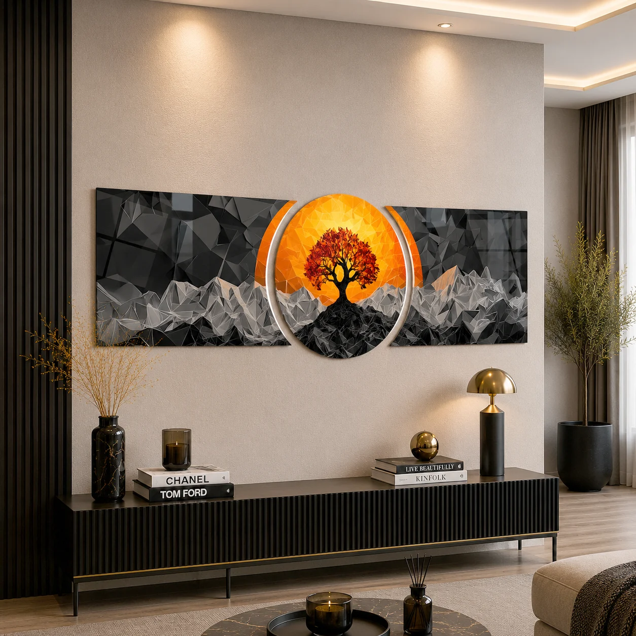 Orange Tree and Monochrome Mountains Three-Piece Glass Wall Art, displayed above a console in a warm modern living room