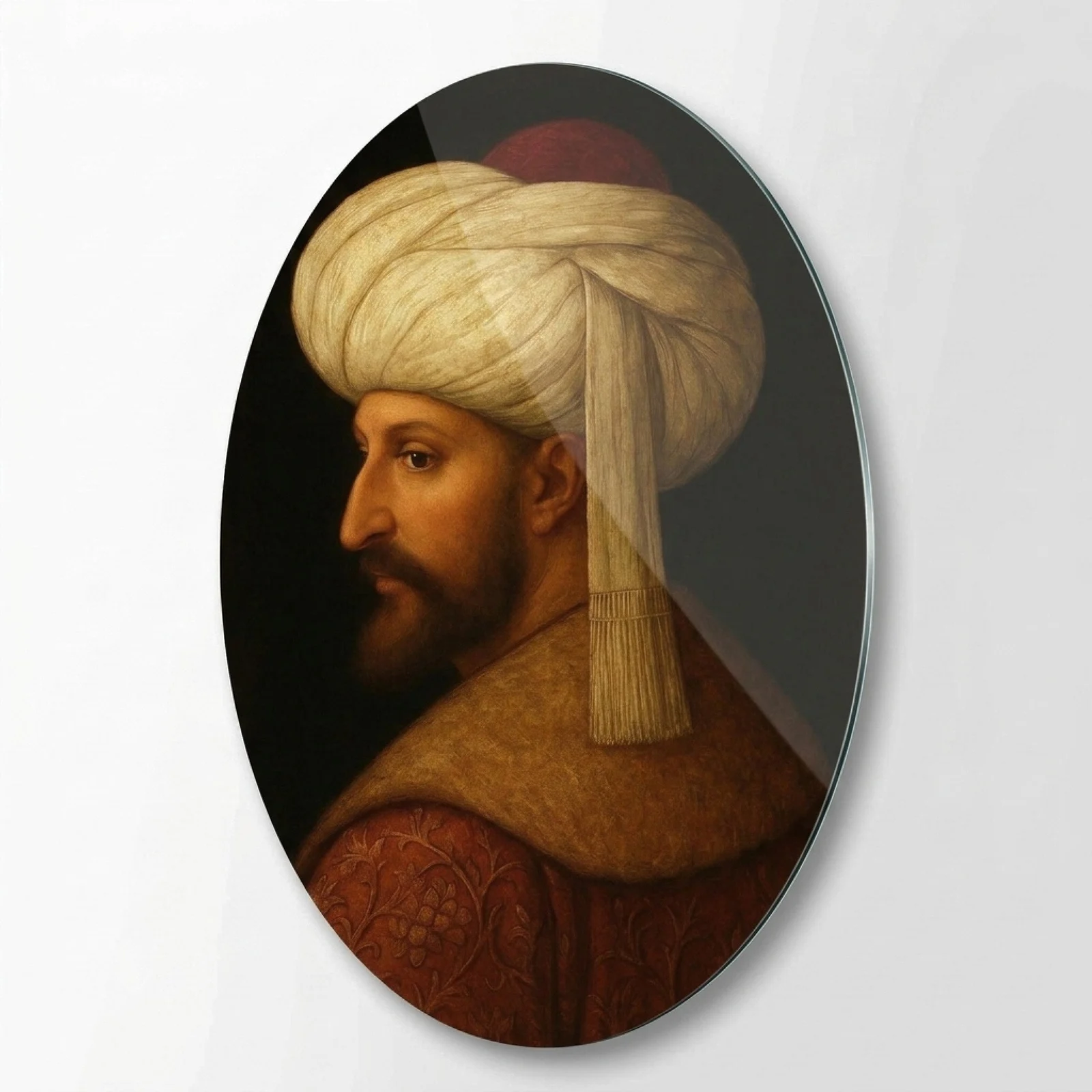 Sultan Mehmed II Portrait Oval Glass Wall Art, front product view on a neutral background