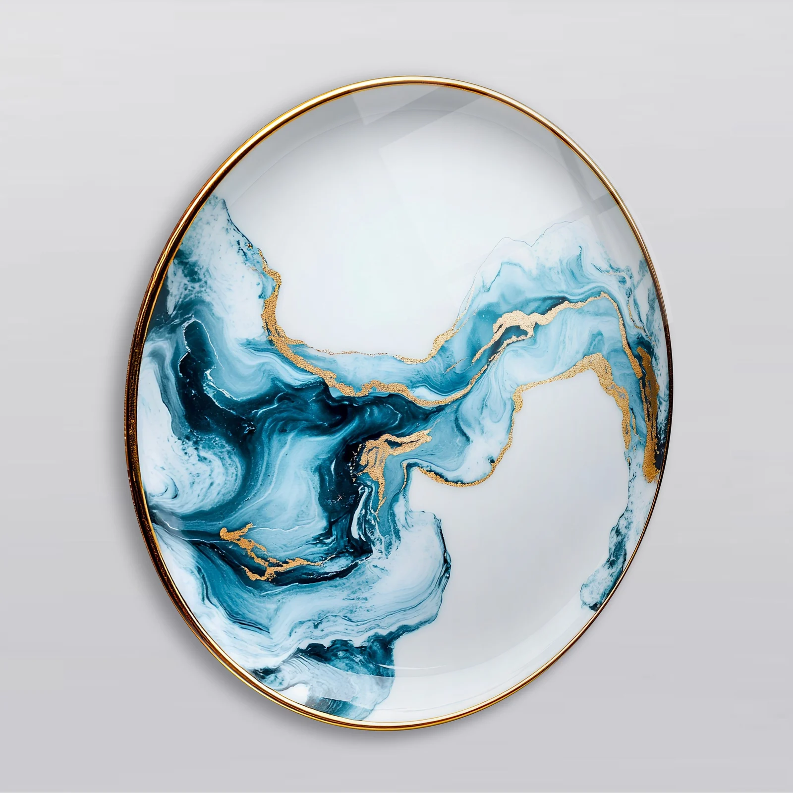 White Teal Marble Current Round Glass Wall Art featuring flowing teal and navy veins sweeping through a white field