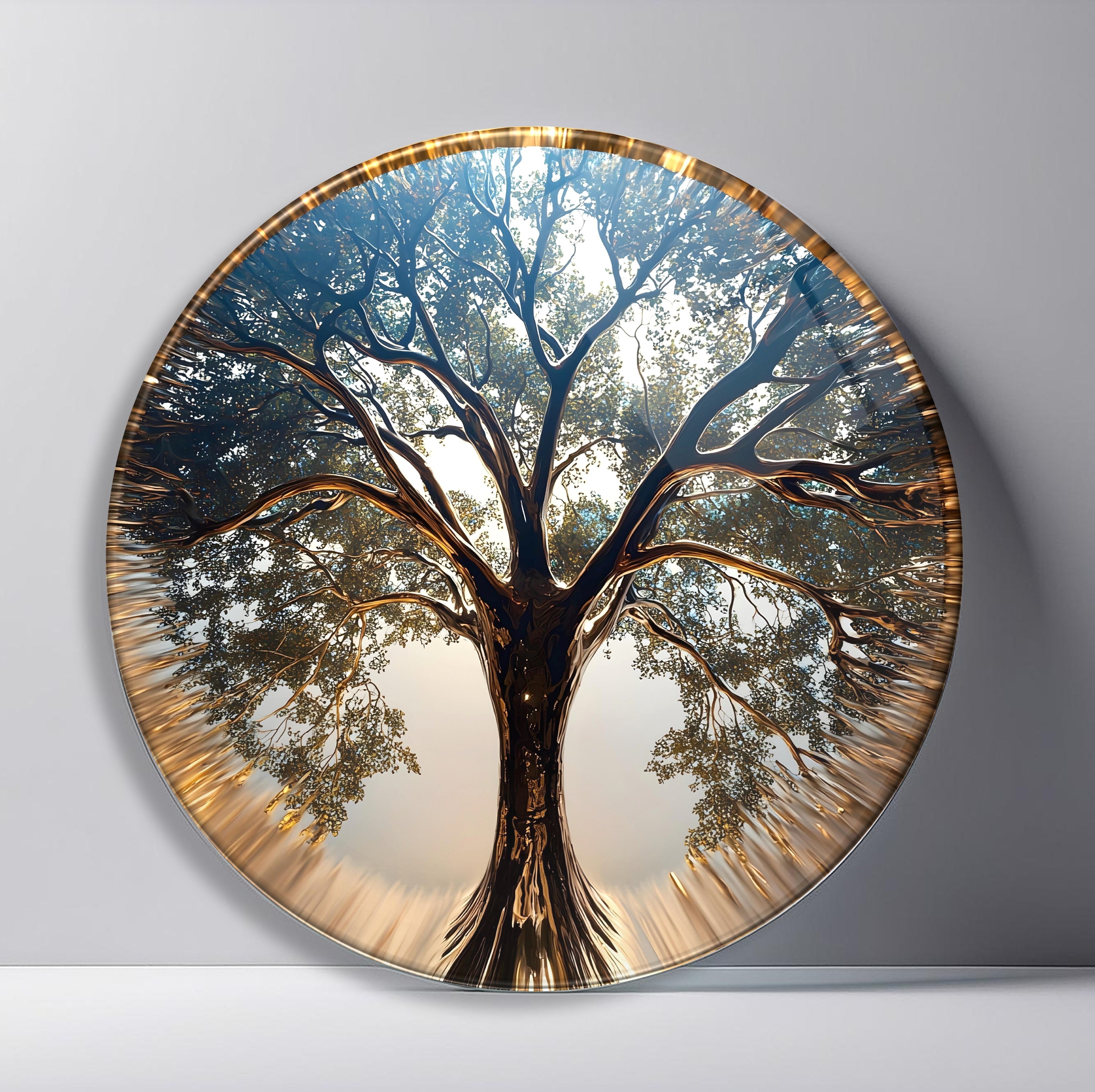 Sunlit Ancient Tree Round Glass Wall Art featuring majestic old tree spreading into a softly radiant sky