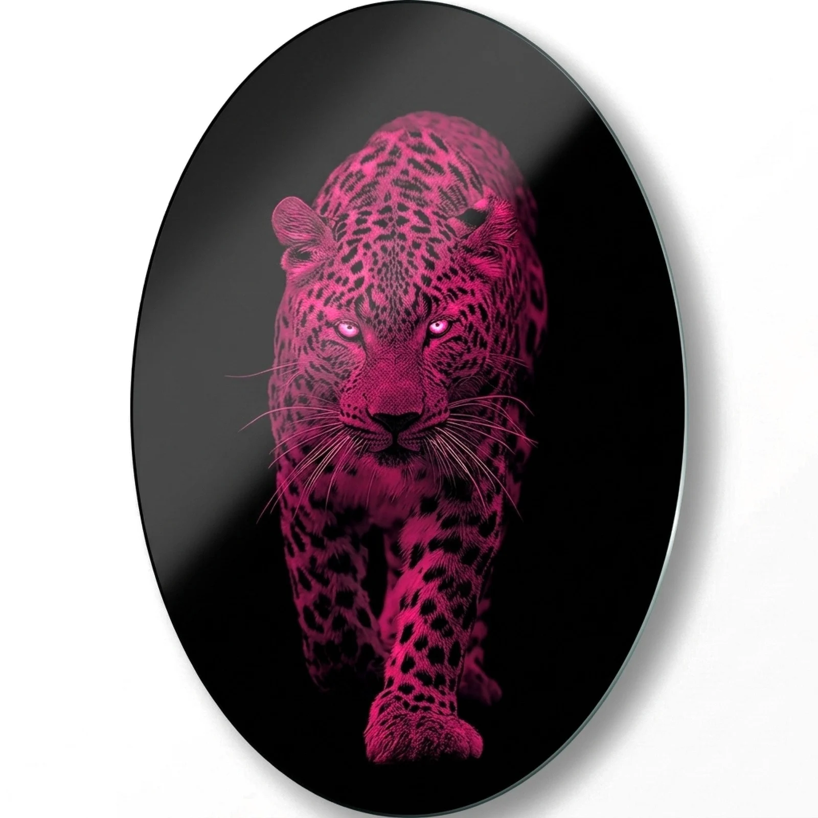 Neon Pink Leopard Oval Glass Wall Art, front product view on a neutral background