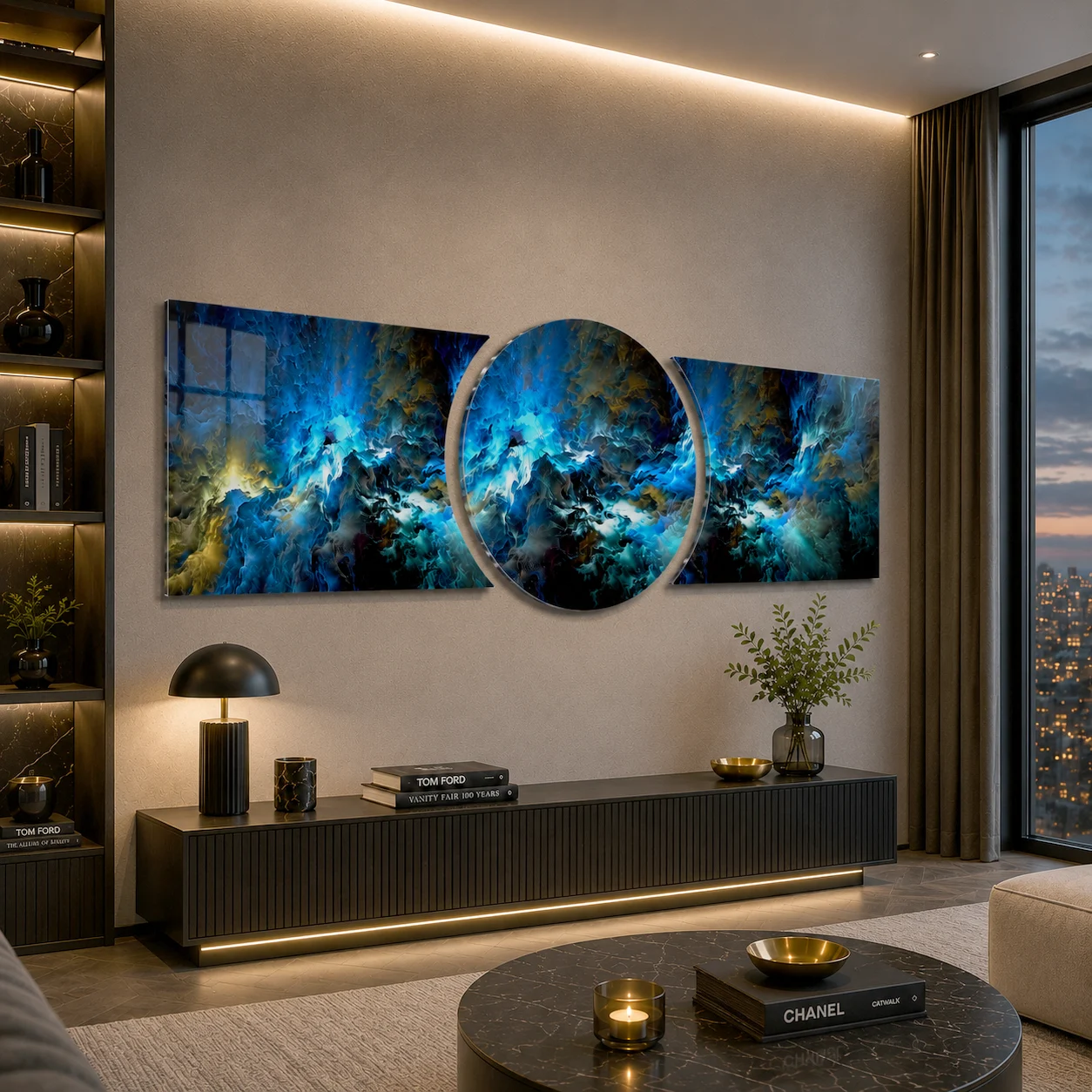 Blue Cosmic Wave Custom-Cut Three-Piece Glass Wall Art, displayed above a console in a warm modern living room