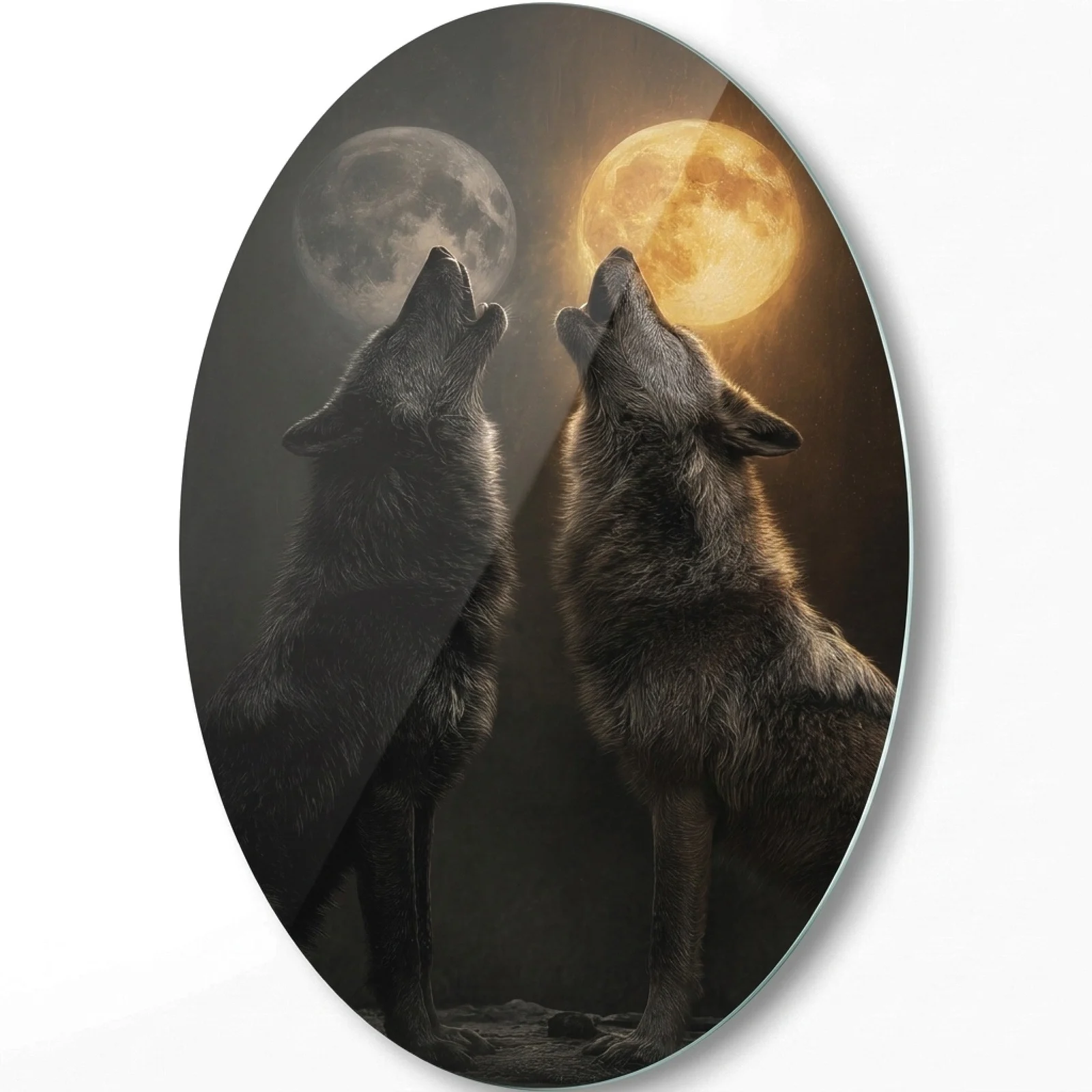 Two Wolves Howling at the Moon Oval Glass Wall Art, front product view on a neutral background