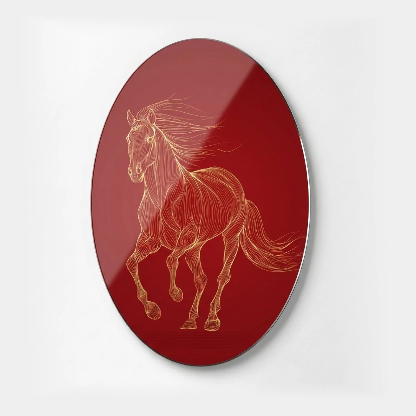 Golden Running Horse on Red Oval Glass Wall Art, front product view on a neutral background