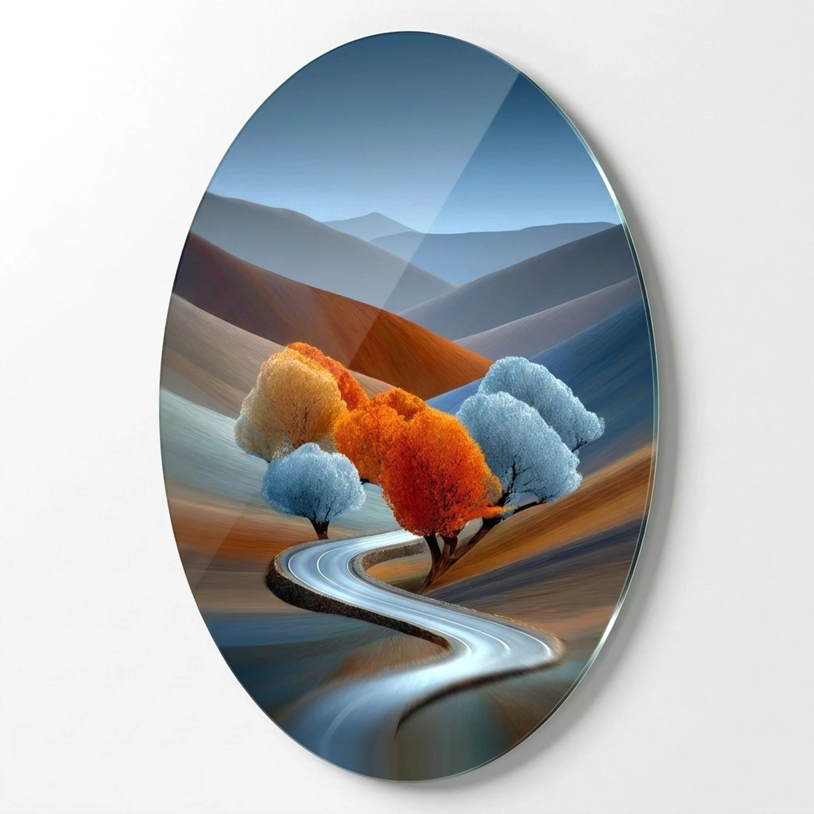 Colorful Mountain Road Oval Glass Wall Art, front product view on a neutral background