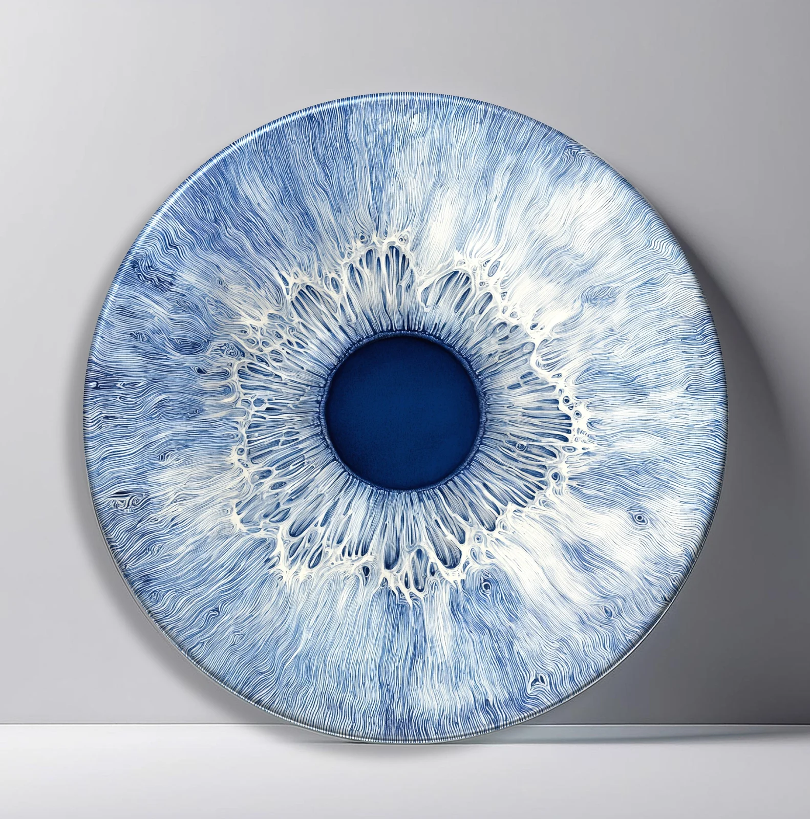 Frost Blue Iris Round Glass Wall Art featuring pale blue macro iris with feathery white radial detail