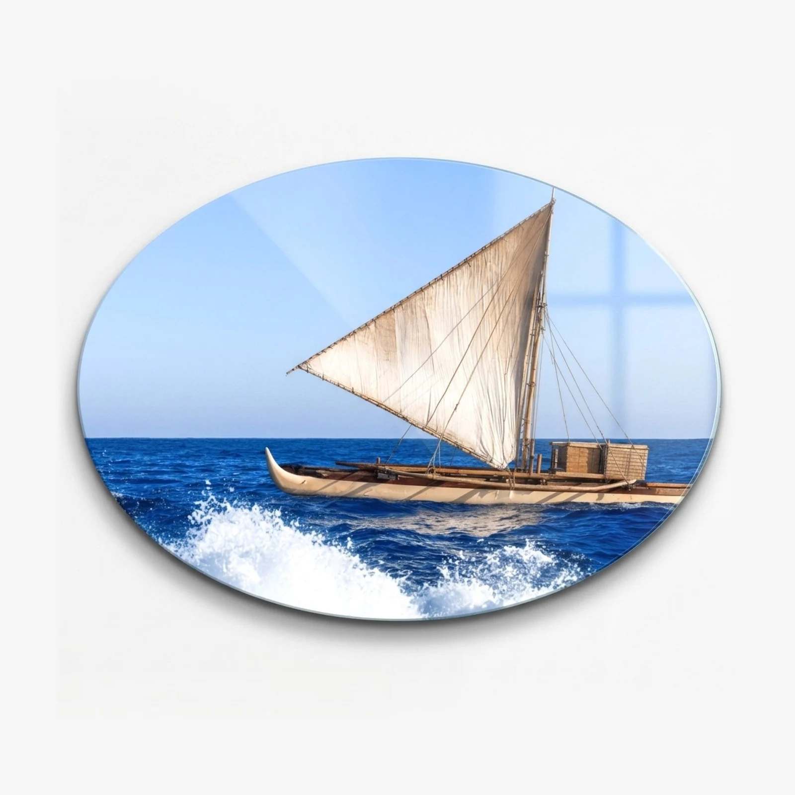 Traditional Outrigger Canoe Horizontal Oval Glass Wall Art, front product view on a neutral background