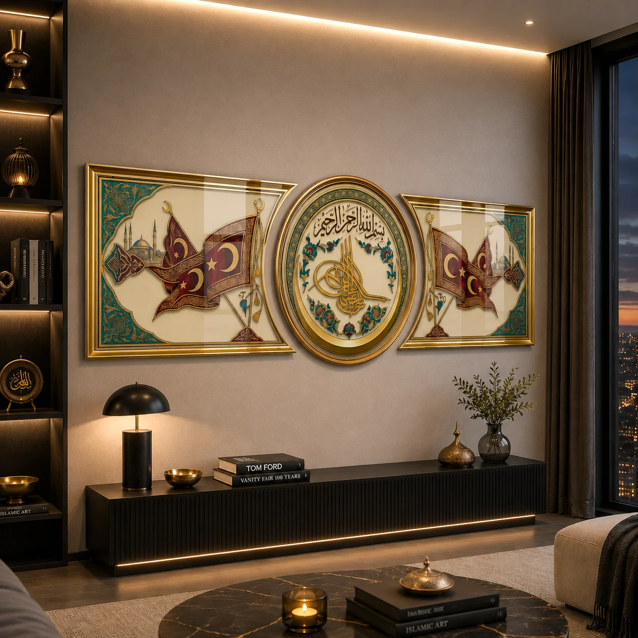 Ottoman Tughra Heritage Custom-Cut Three-Piece Glass Wall Art, displayed above a console in a warm modern living room