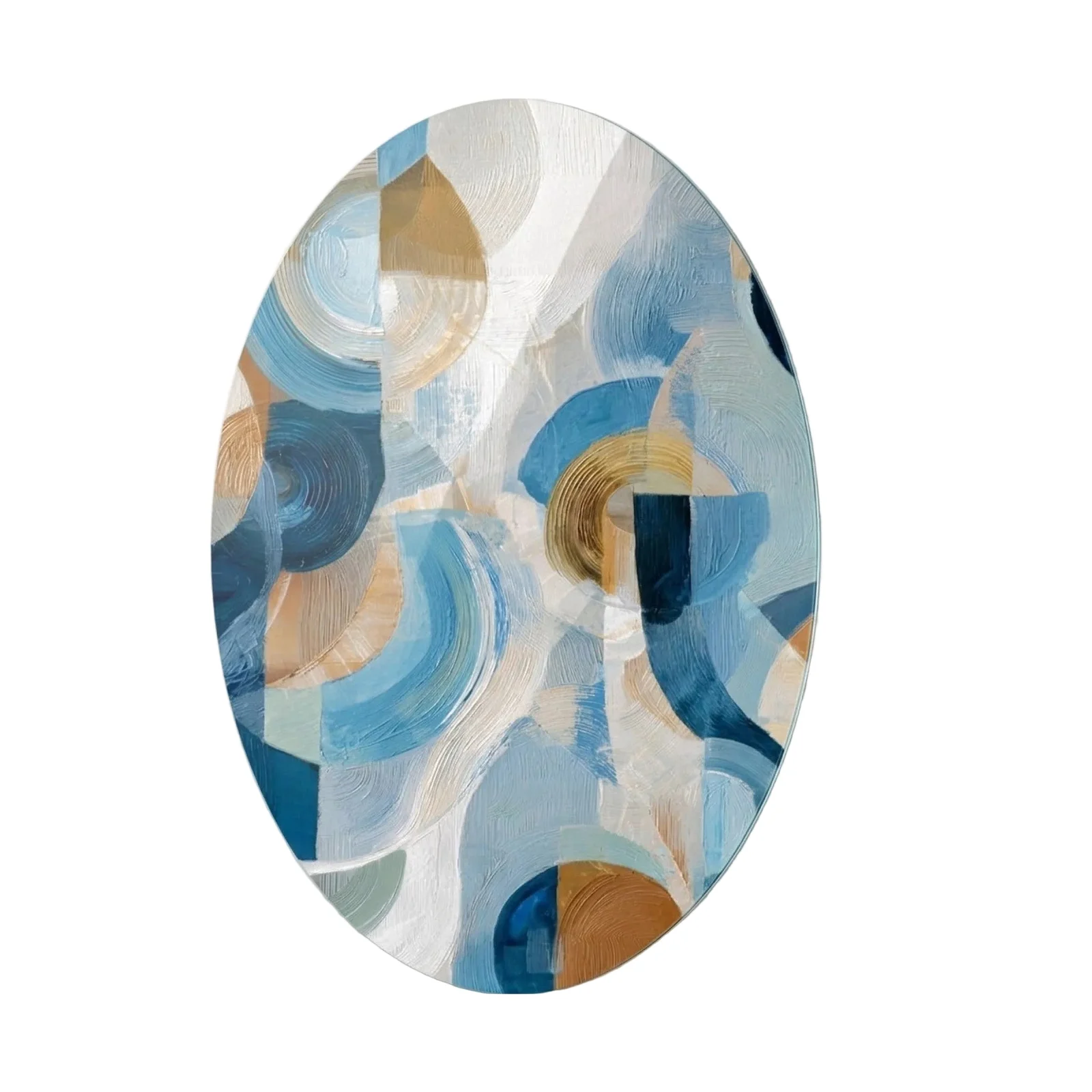 Blue and Beige Geometric Abstract Oval Glass Wall Art, front product view on a neutral background