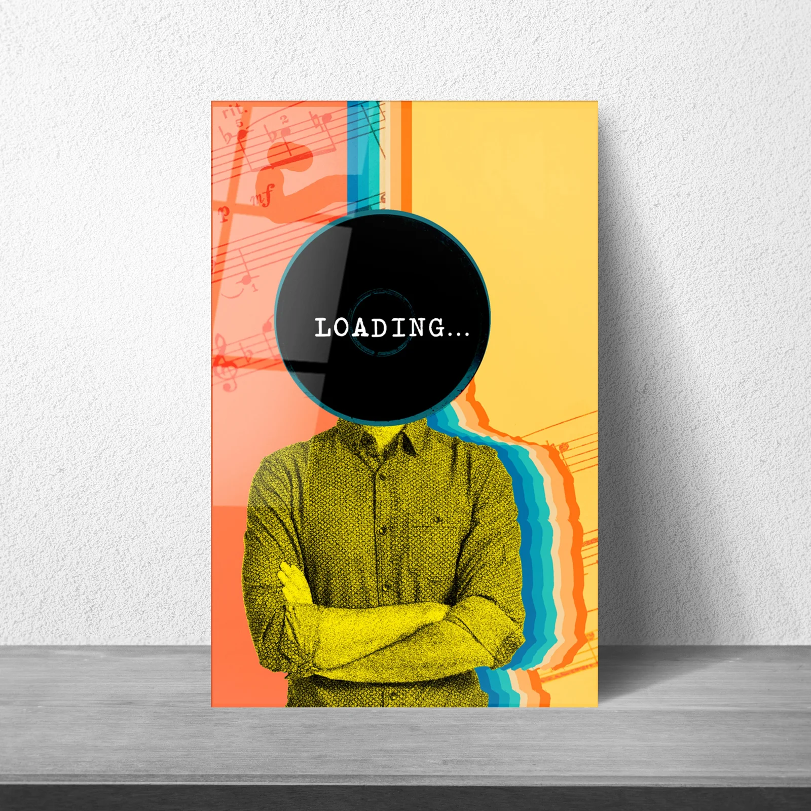 Loading record-head collage glass wall art styled in a contemporary interior