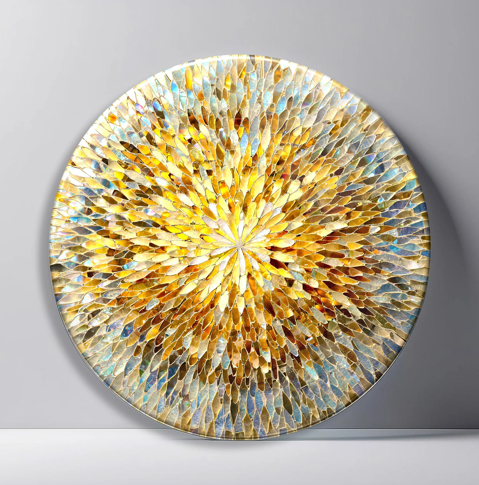 Champagne Petal Burst Round Glass Wall Art featuring hundreds of faceted champagne petals spiraling from a bright center