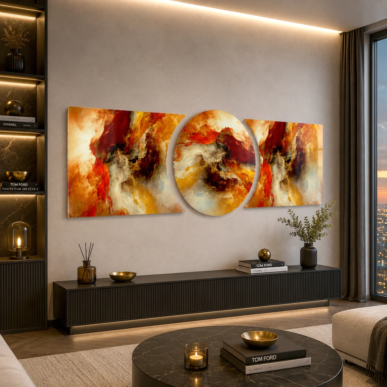 Amber Cloudburst Custom-Cut Three-Piece Glass Wall Art, displayed above a console in a warm modern living room