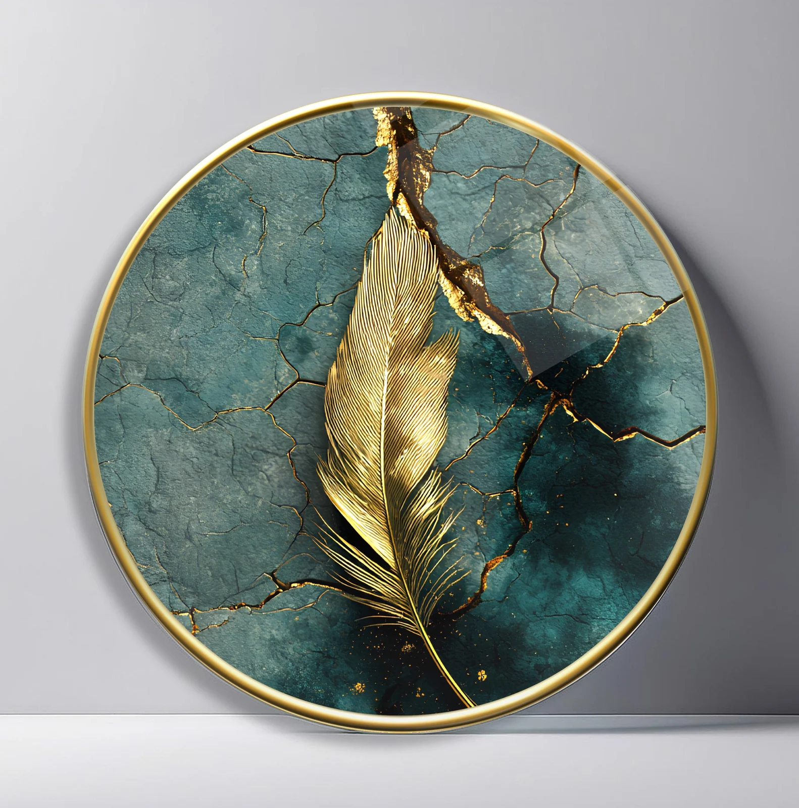Golden Feather on Teal Stone Round Glass Wall Art featuring single metallic feather resting over cracked teal stone