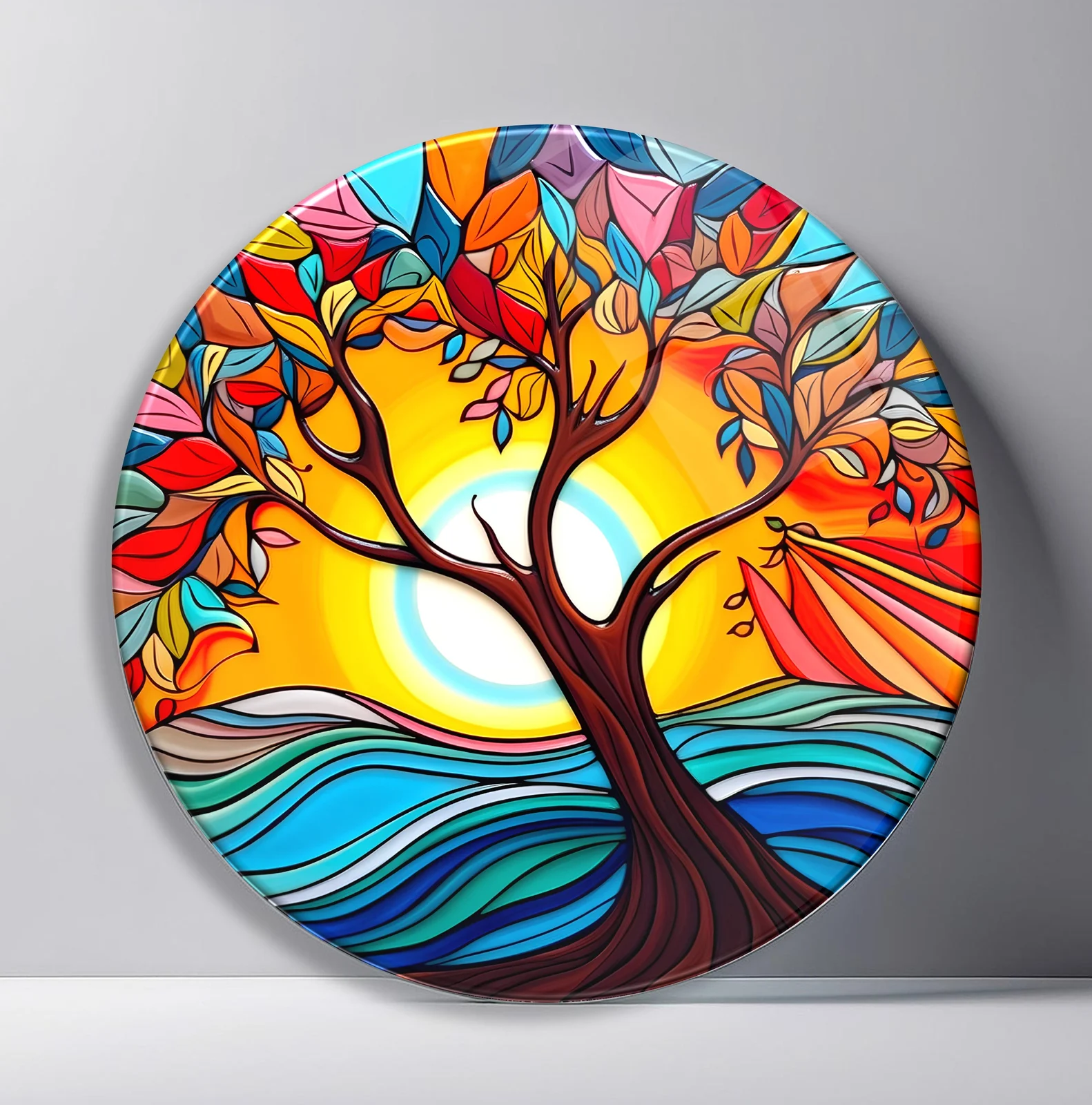 Radiant Autumn Tree by Blue Waves Round Glass Wall Art featuring colorful tree glowing before a low sun and flowing blue water