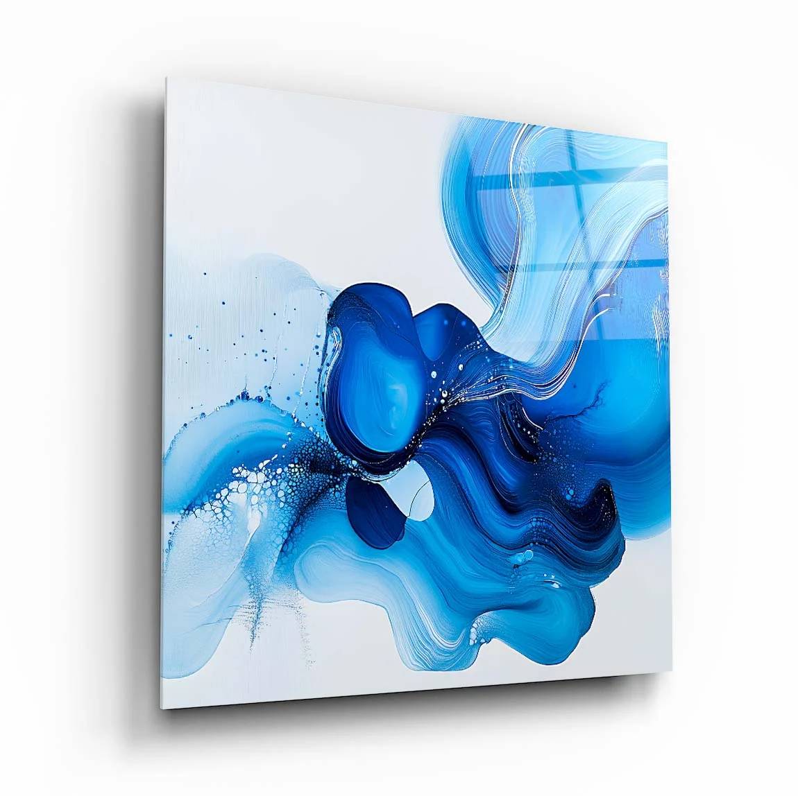 Cobalt Blue Fluid Bloom Square Glass Wall Art, front angled view