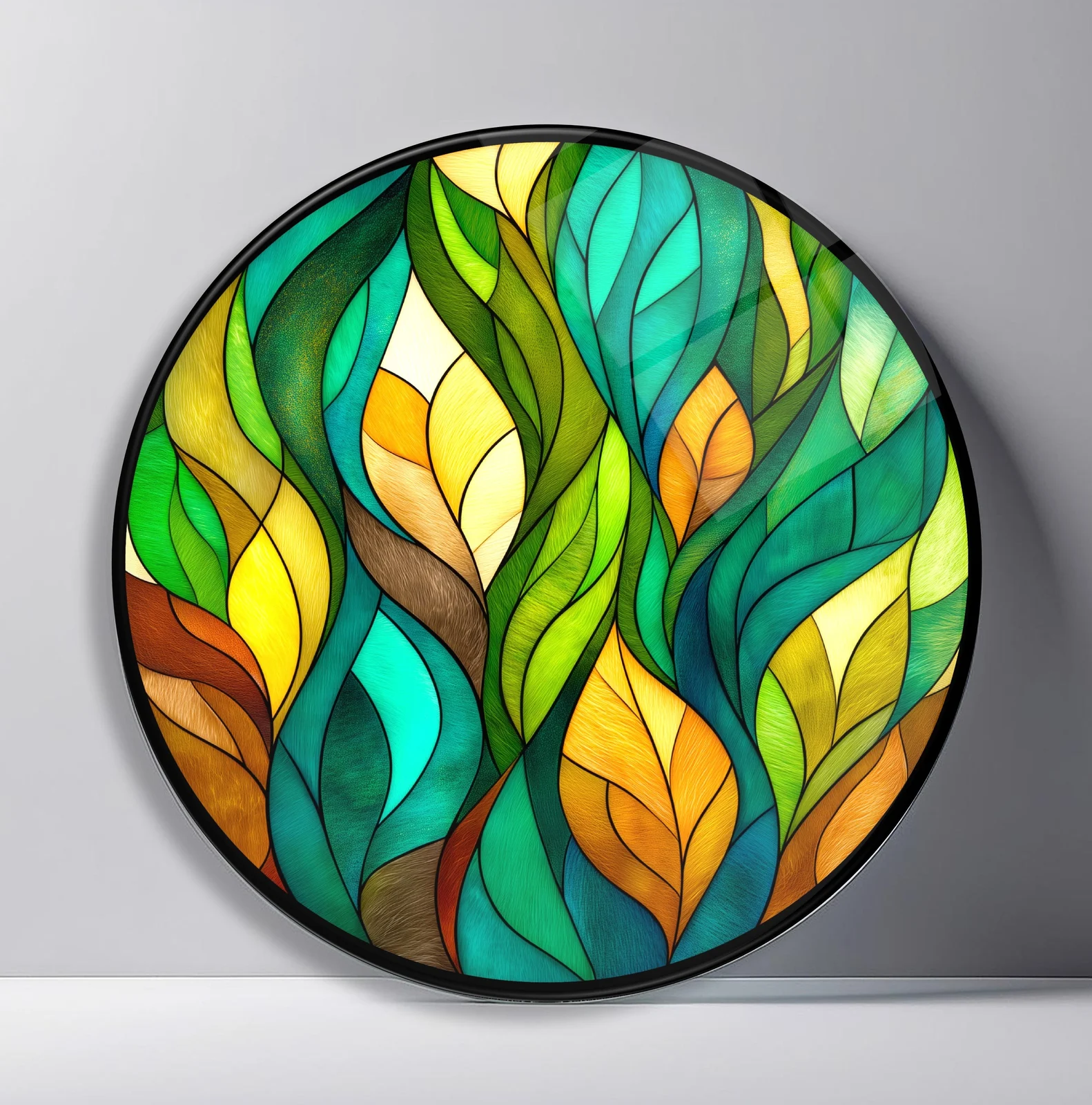 Emerald Amber Leaf Mosaic Round Glass Wall Art featuring flowing leaf shapes layered in fresh green, teal, amber, and brown