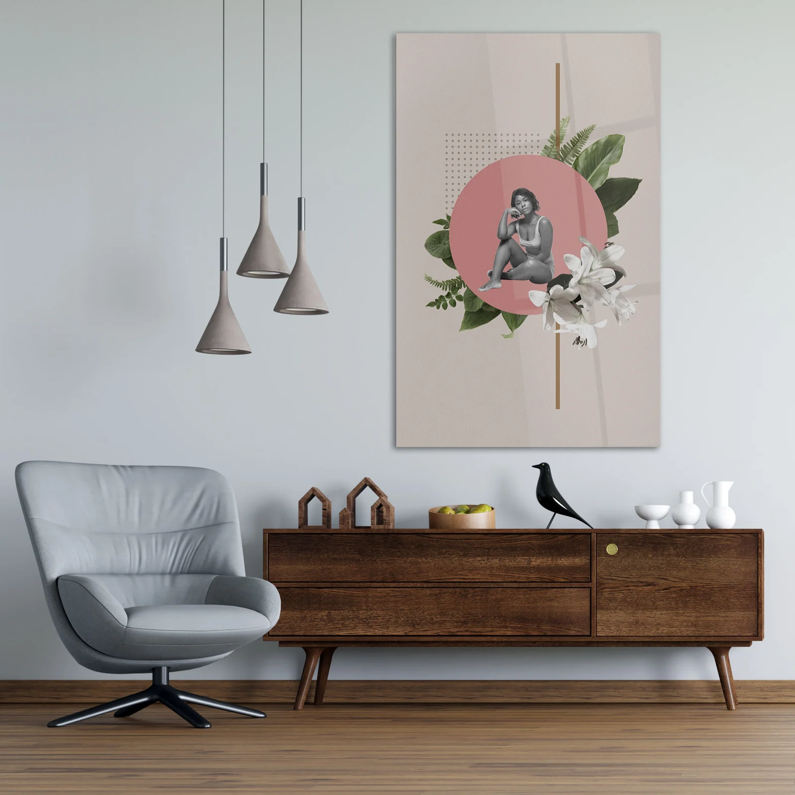 Botanical collage figure glass wall art shown in a modern living room