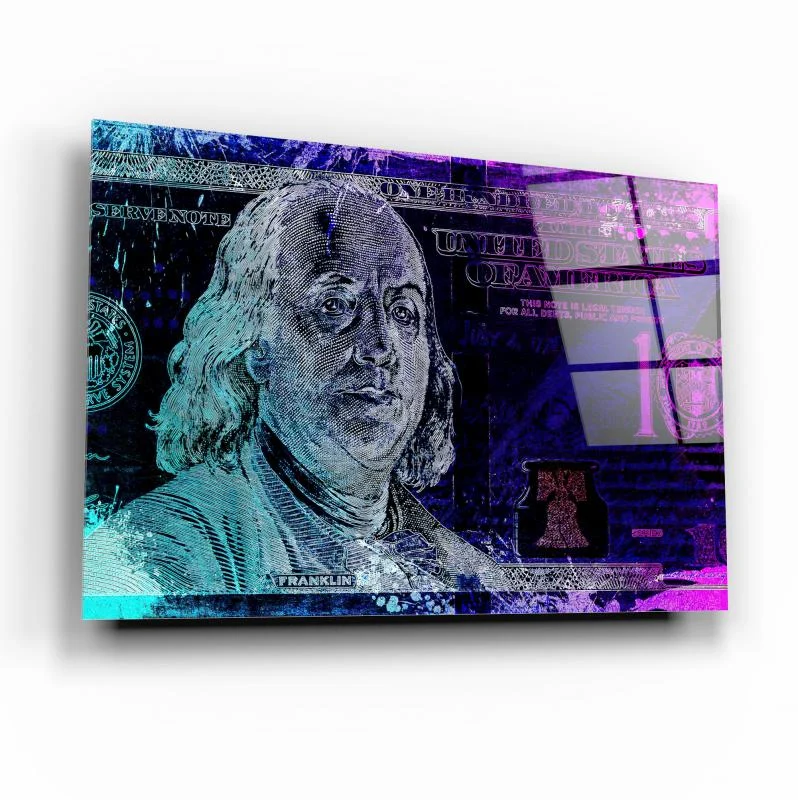 Deep Blue Currency-Inspired Composition Tempered Glass Wall Art, primary product view, model GA1962
