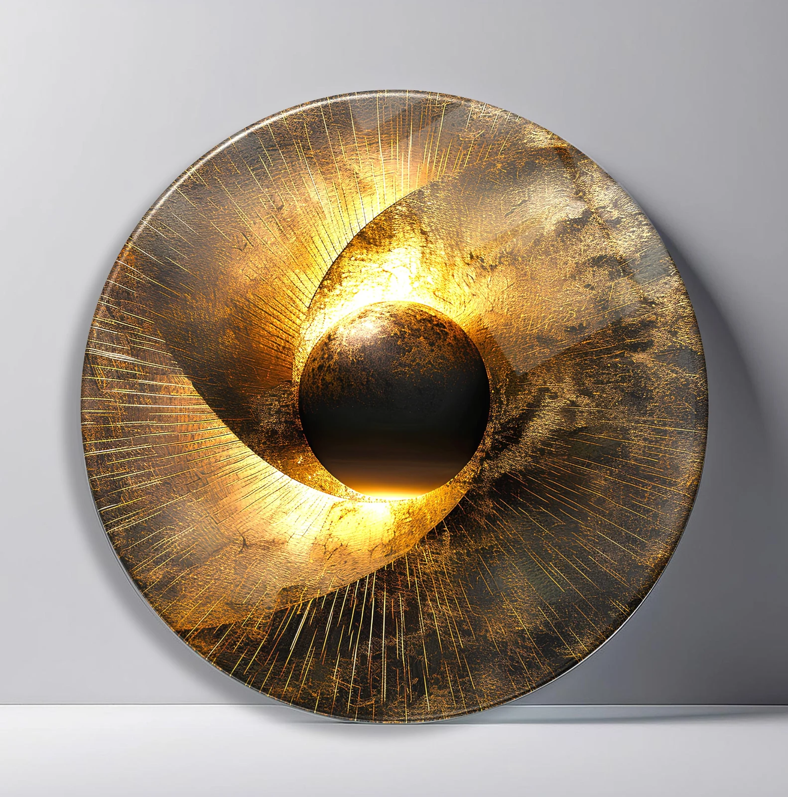 Golden Eclipse Burst Round Glass Wall Art featuring black orb framed by sweeping golden light and fine radiating lines