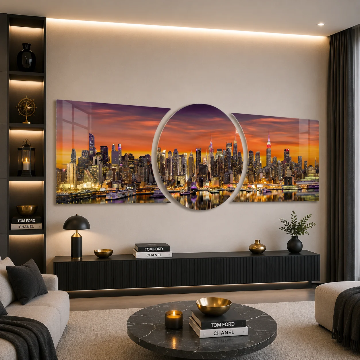 Colorful Sunset Skyline Custom-Cut Three-Piece Glass Wall Art, displayed above a console in a warm modern living room
